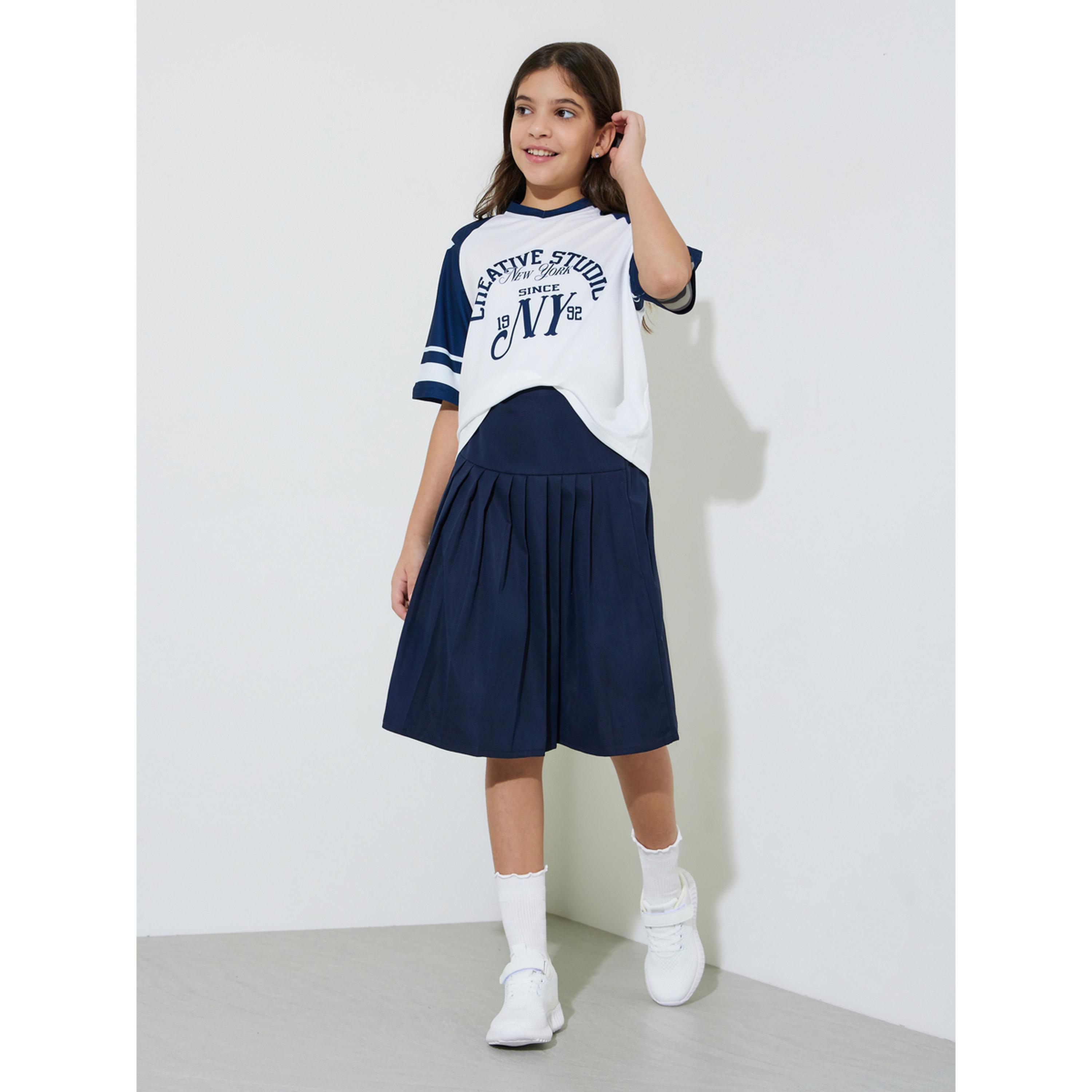 Styli Teen Girls Graphic Print Oversized T-Shirt and Pleated knee Length Skirt Set-girls-clothing-setsandcoords-image-2