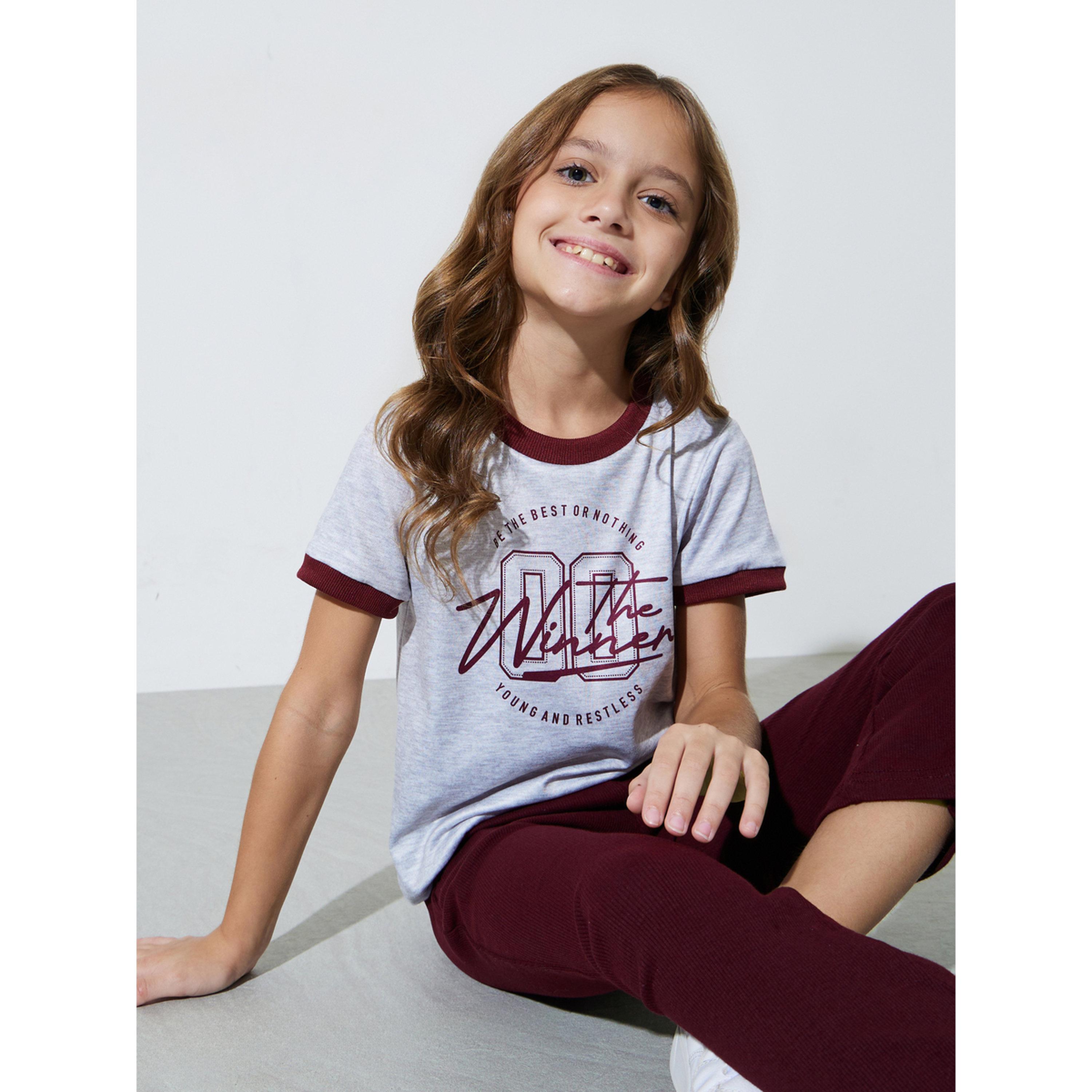Styli Girls Grey Regular Fit Printed Ringer T-Shirt-girls-clothing-tshirts-image-3