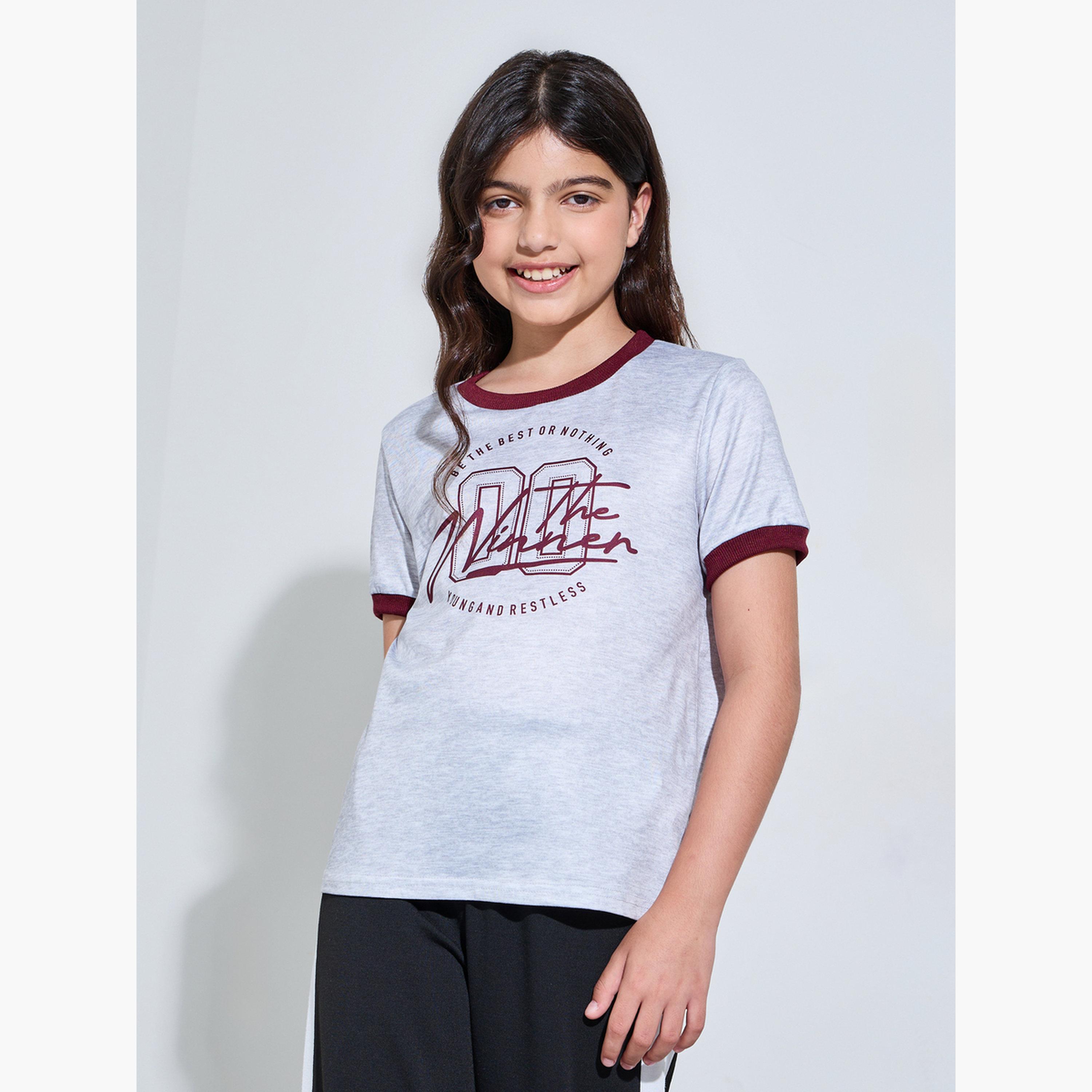 Styli Teen Girls Grey Regular Fit Printed Ringer T-Shirt-girls-clothing-tshirts-image-1