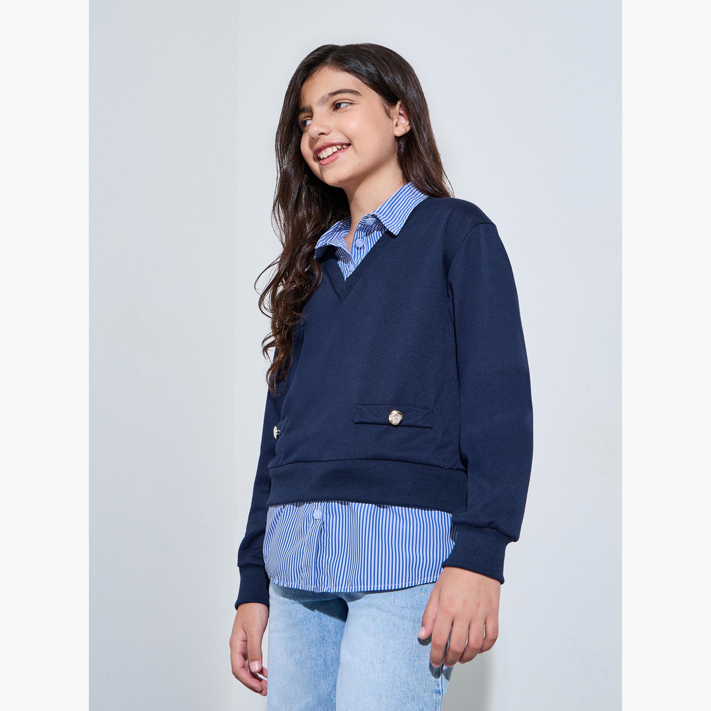 Styli Teen Girls Sweatshirt with Mock Shirt Detail-girls-clothing-sweatshirts-image-1