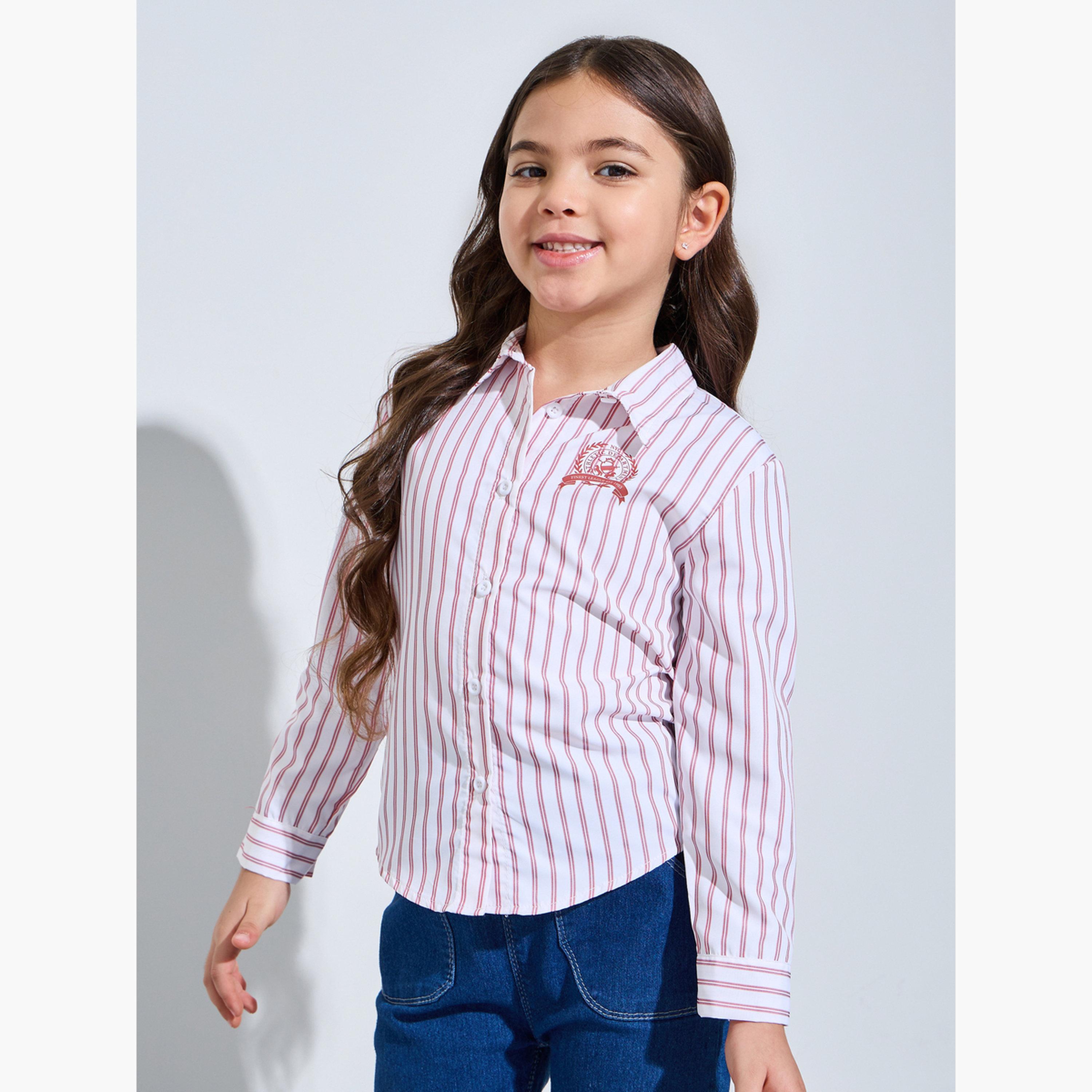 Styli Girl Strip Long Sleeves Shirt with Side Logo Embroidery-girls-clothing-blousesandshirts-image-1
