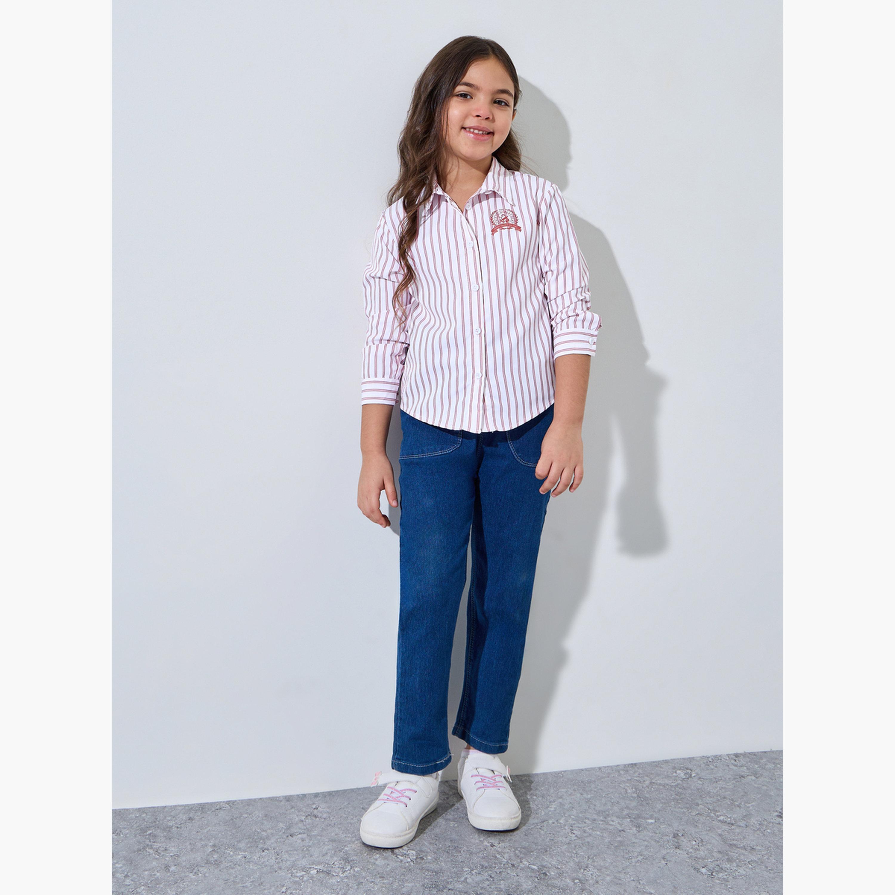 Styli Girl Strip Long Sleeves Shirt with Side Logo Embroidery-girls-clothing-blousesandshirts-image-2