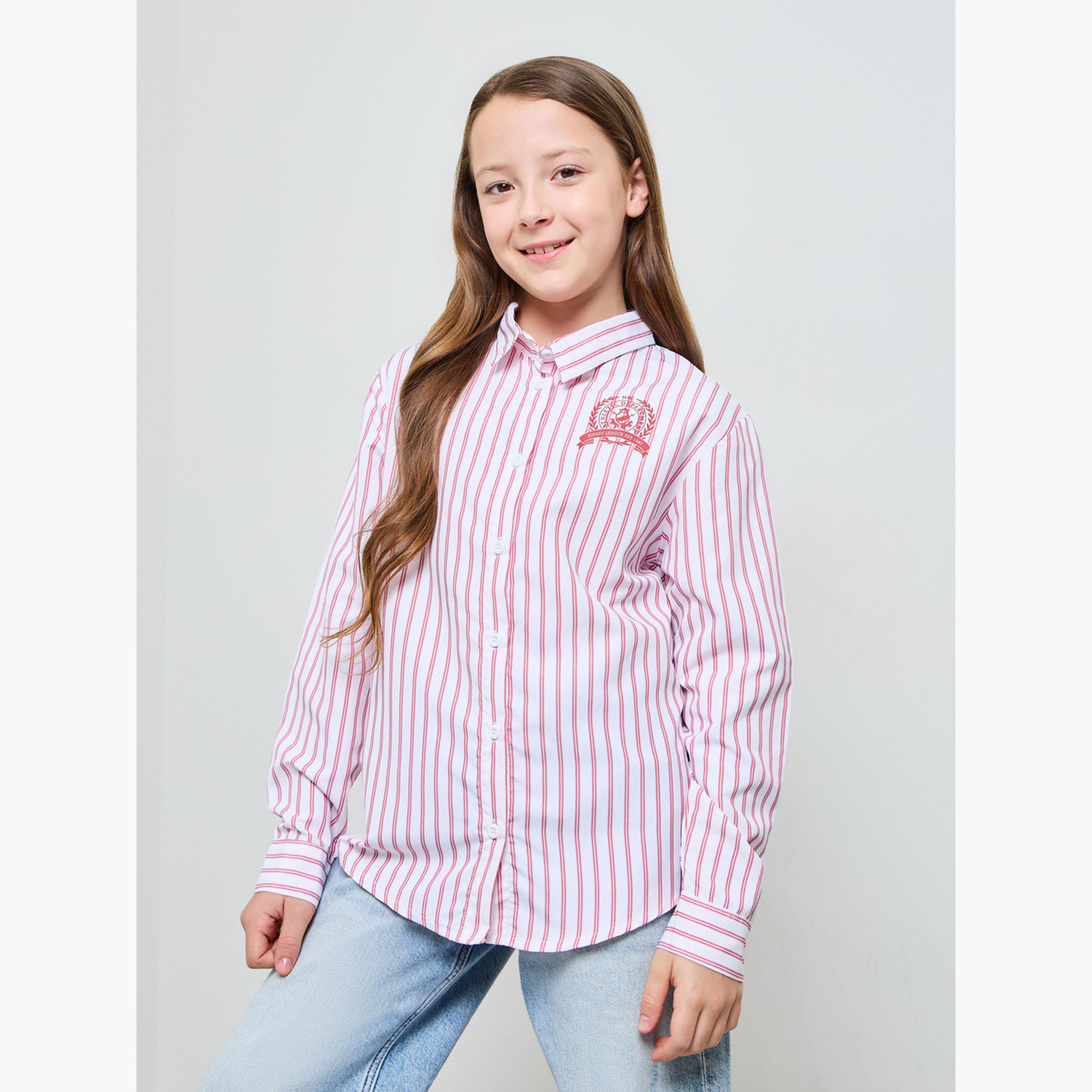 قميص مخطط ومزين بشعار-girls-clothing-blousesandshirts-image-1