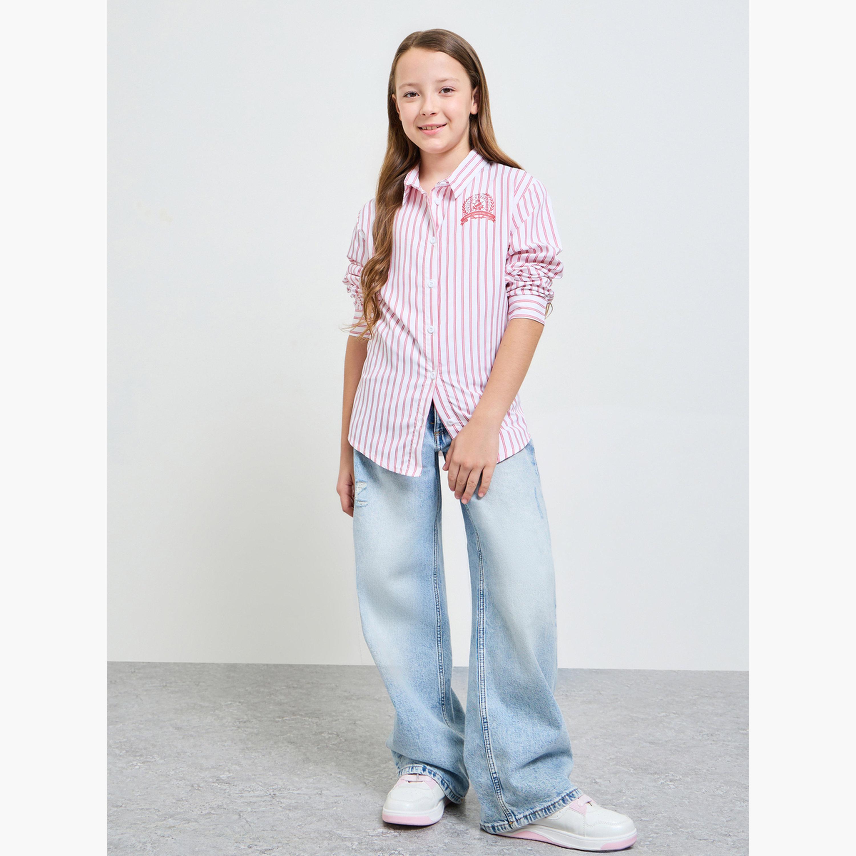 قميص مخطط ومزين بشعار-girls-clothing-blousesandshirts-image-2