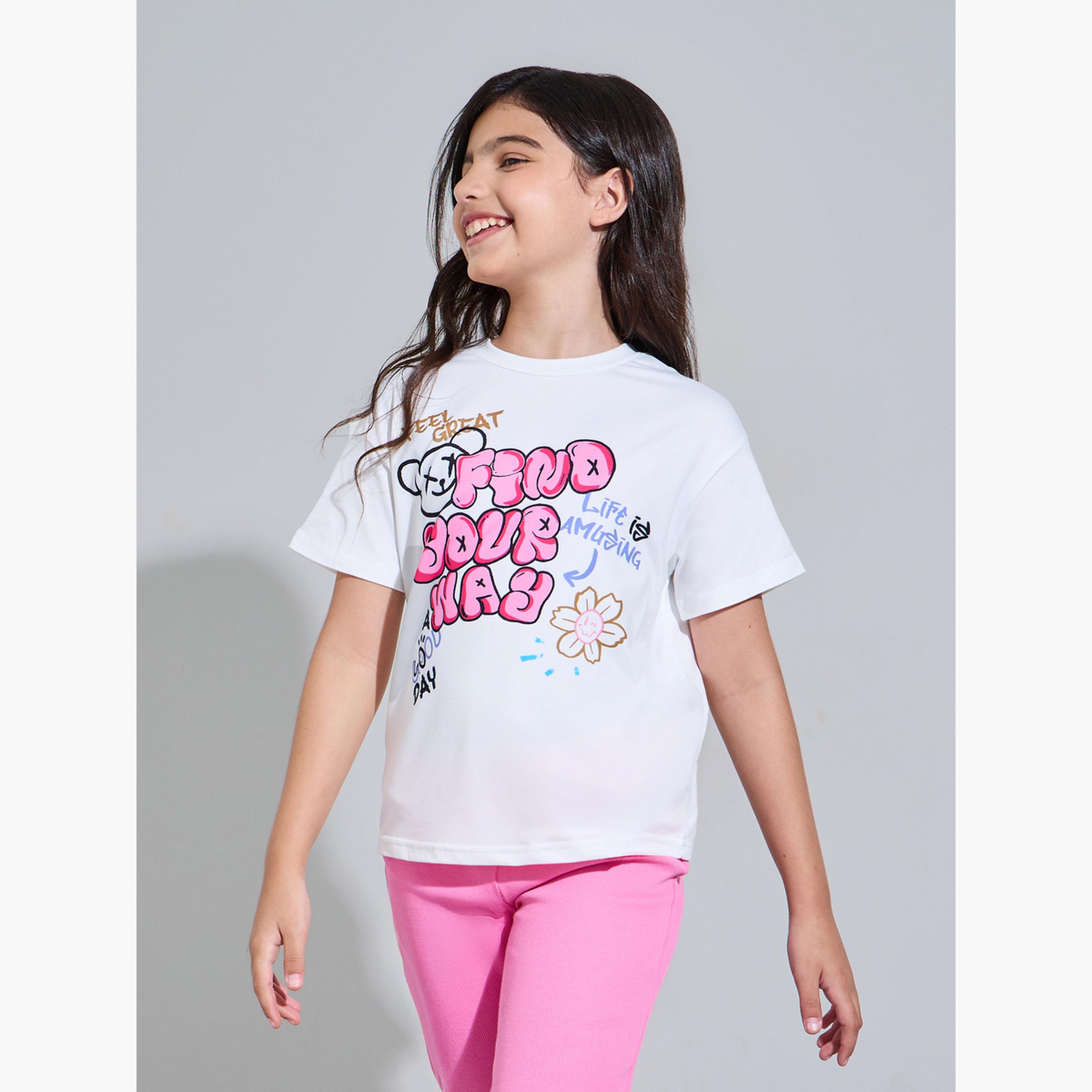 Styli Teen Girls Off White Oversize graphic Print T-Shirt-girls-clothing-tshirts-image-1