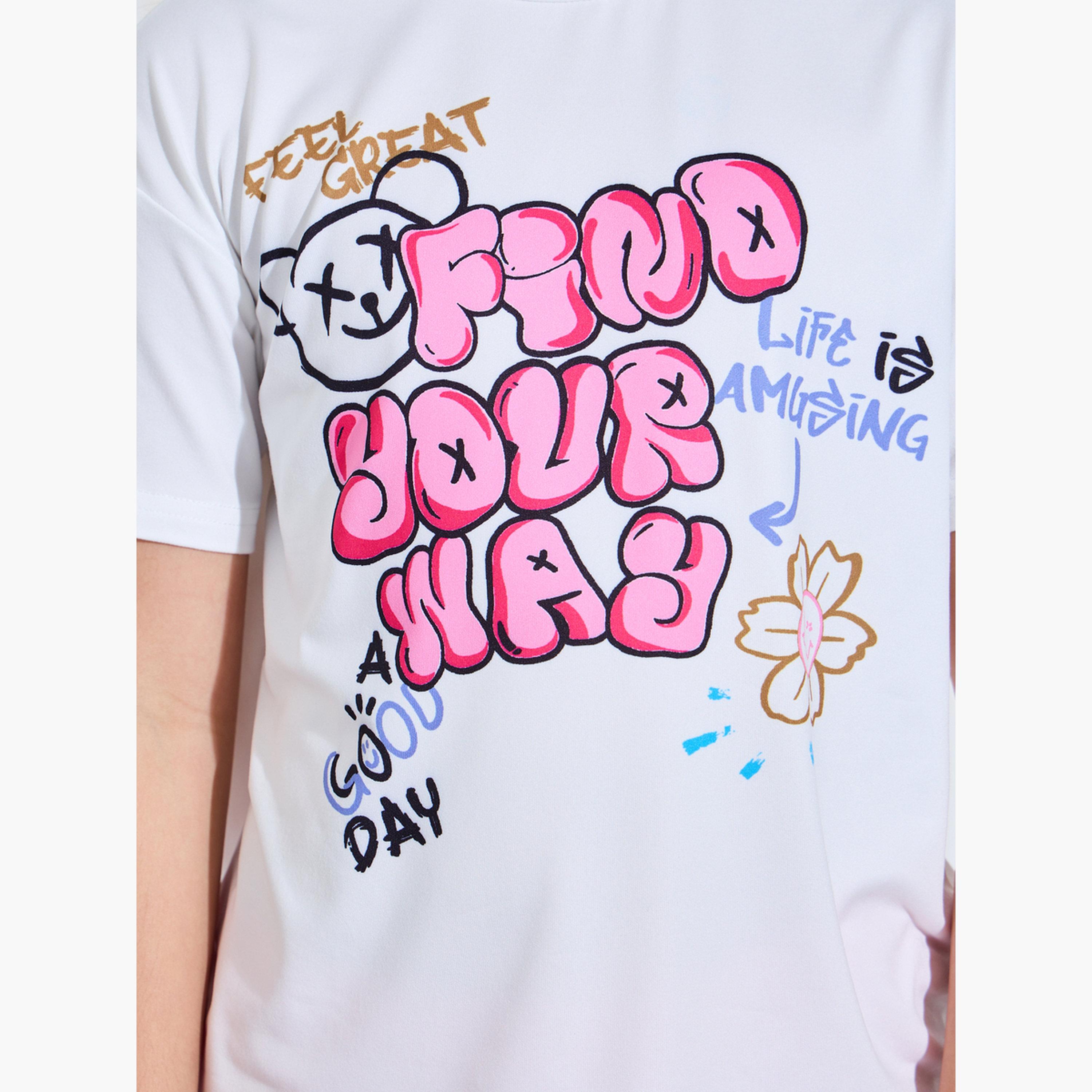 Styli Teen Girls Off White Oversize graphic Print T-Shirt-girls-clothing-tshirts-image-4