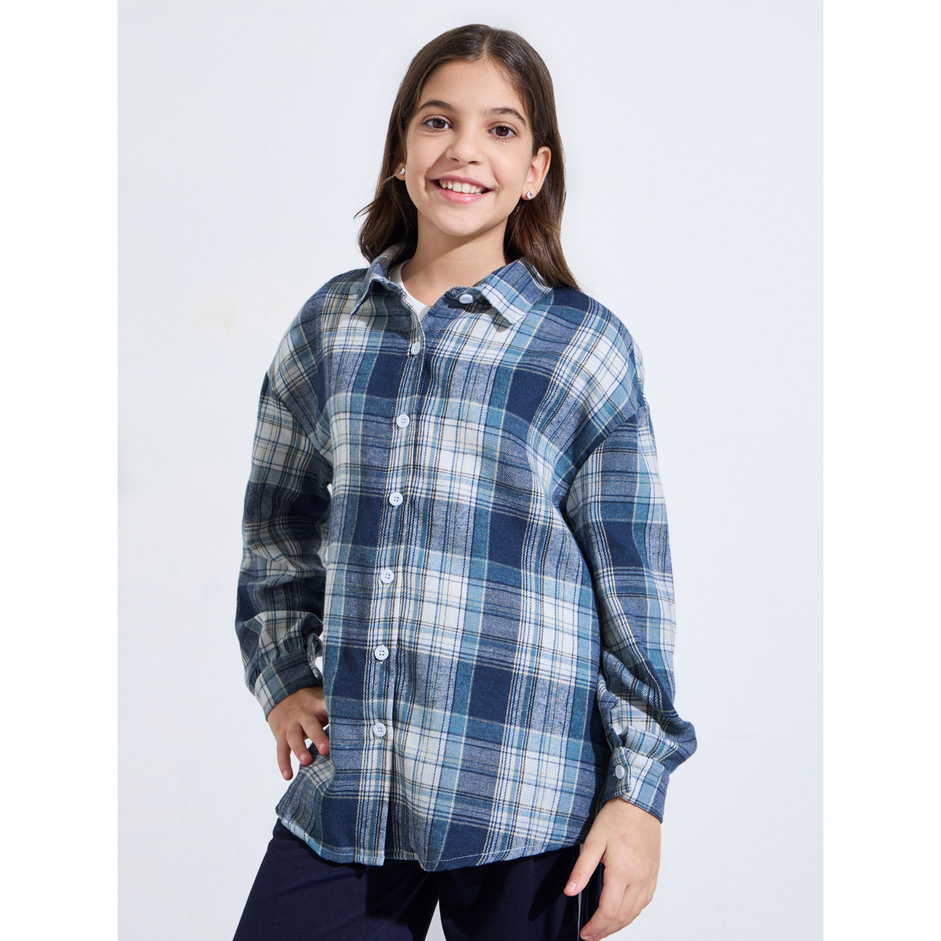 Styli Teen Girls Blue Checked Long Sleeves Oversized Shirt-girls-clothing-blousesandshirts-image-1