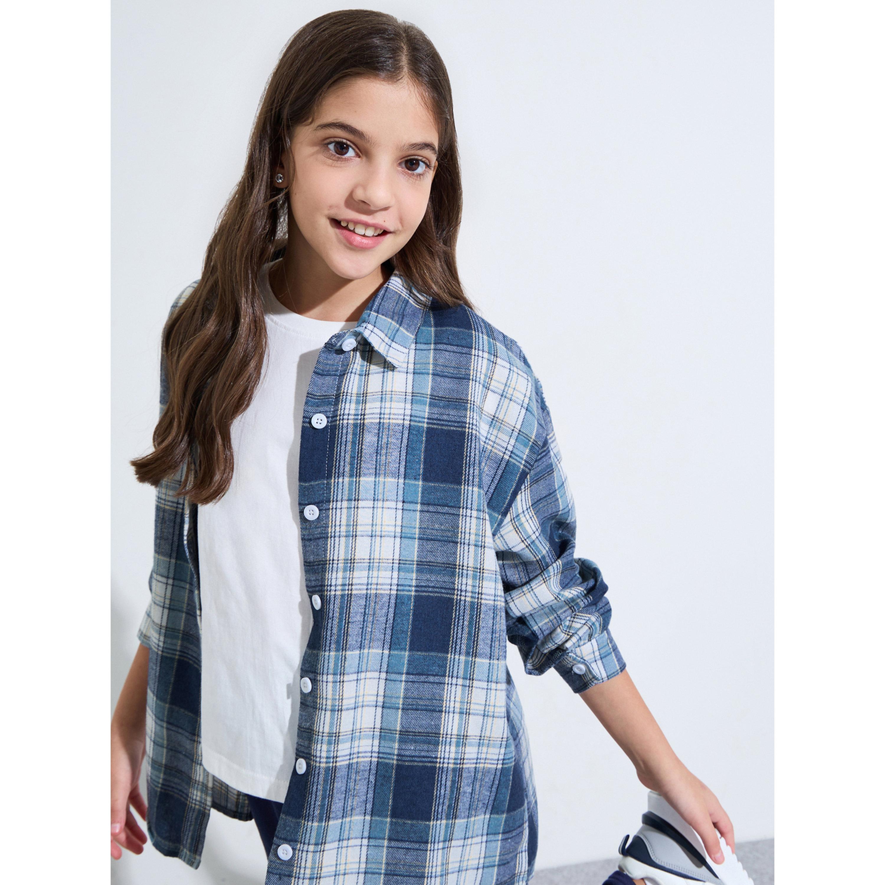 Styli Teen Girls Blue Checked Long Sleeves Oversized Shirt-girls-clothing-blousesandshirts-image-3