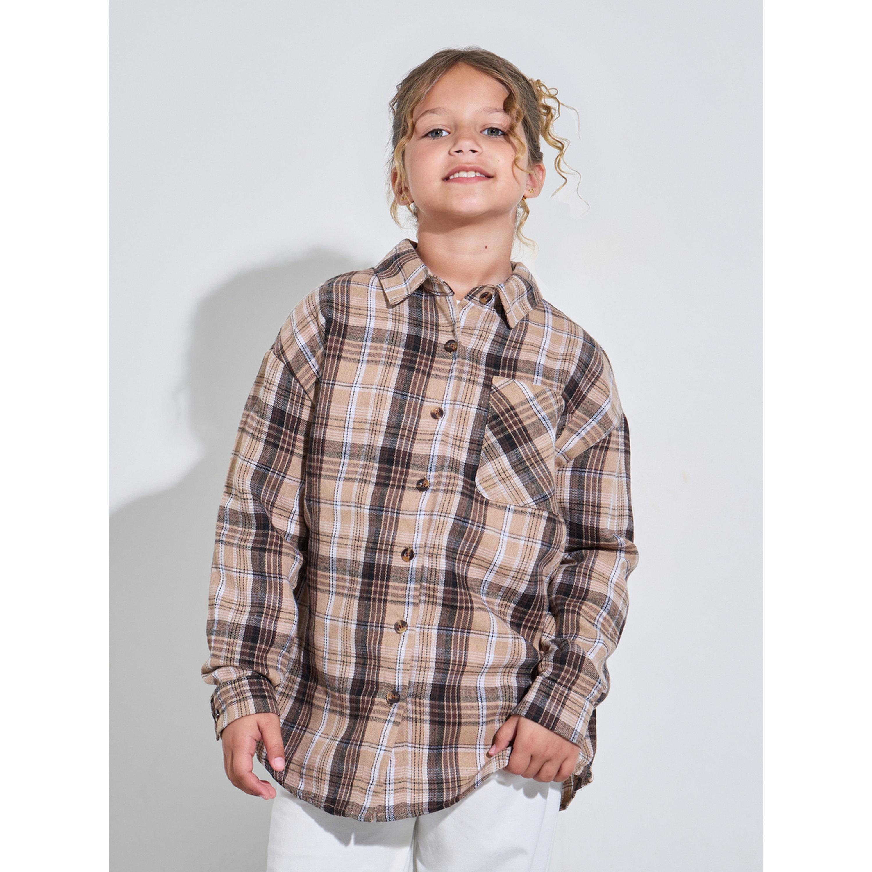 قميص واسع بطبعة مربعات وتفاصيل جيب للبنات-girls-clothing-blousesandshirts-image-1
