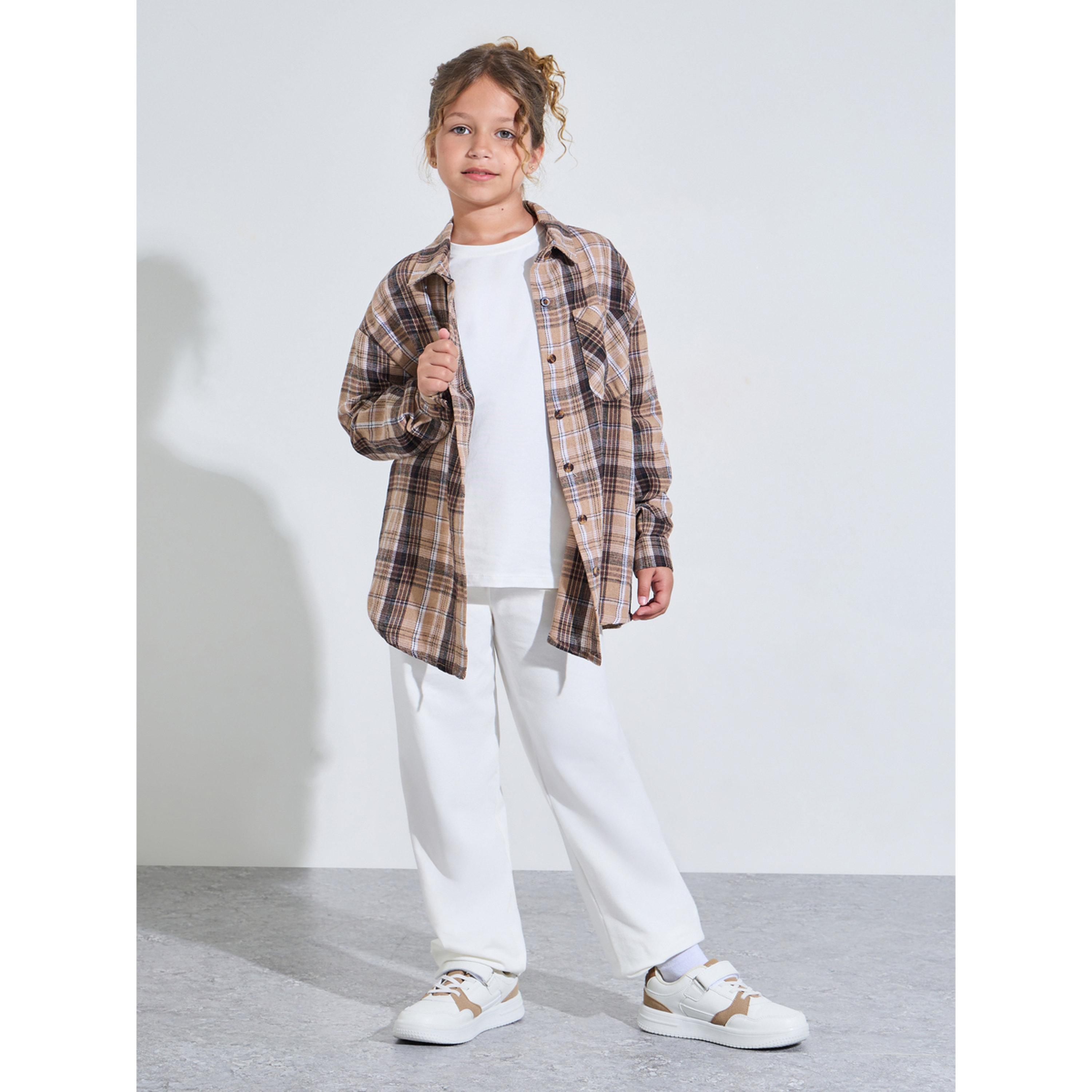 قميص واسع بطبعة مربعات وتفاصيل جيب للبنات-girls-clothing-blousesandshirts-image-2