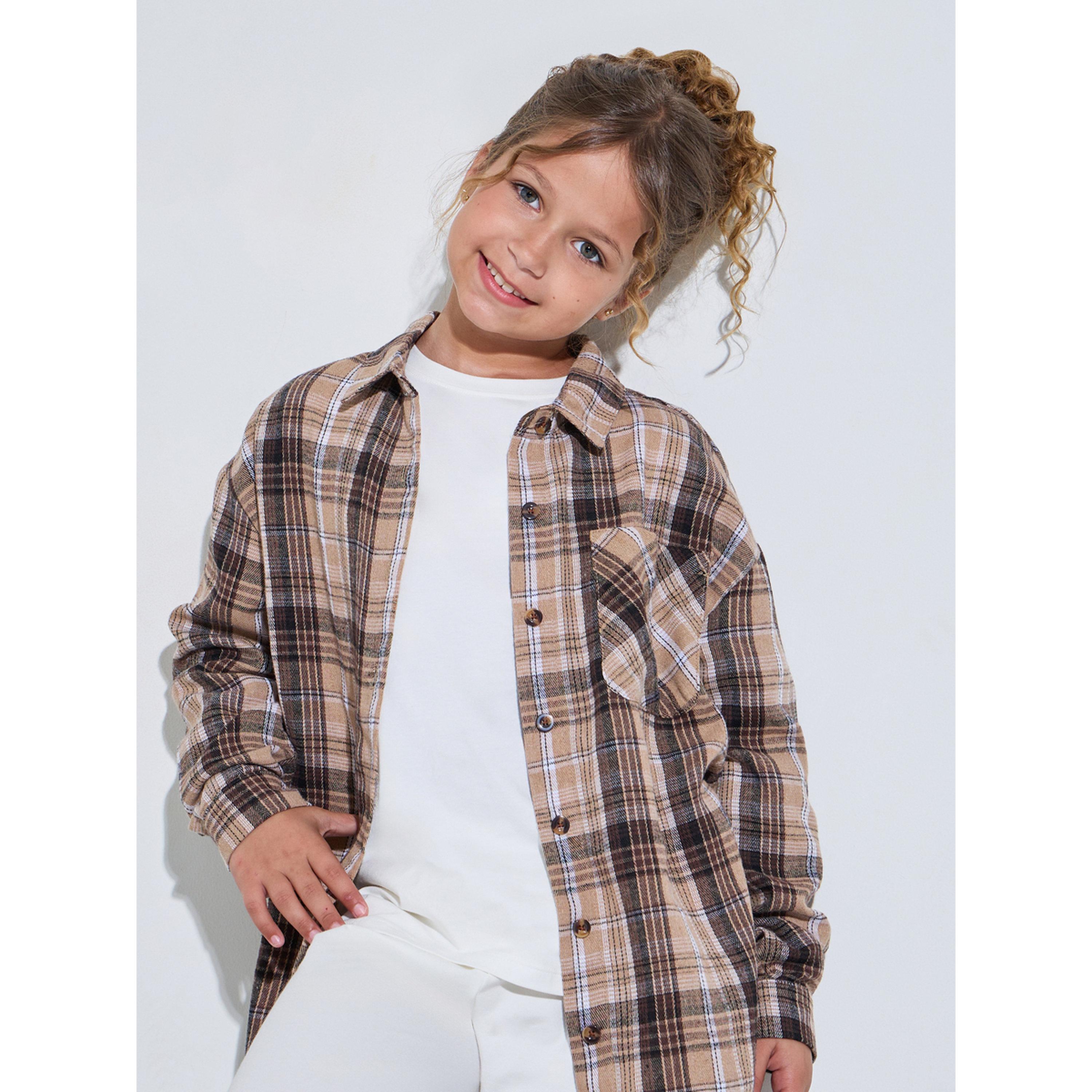 قميص واسع بطبعة مربعات وتفاصيل جيب للبنات-girls-clothing-blousesandshirts-image-3