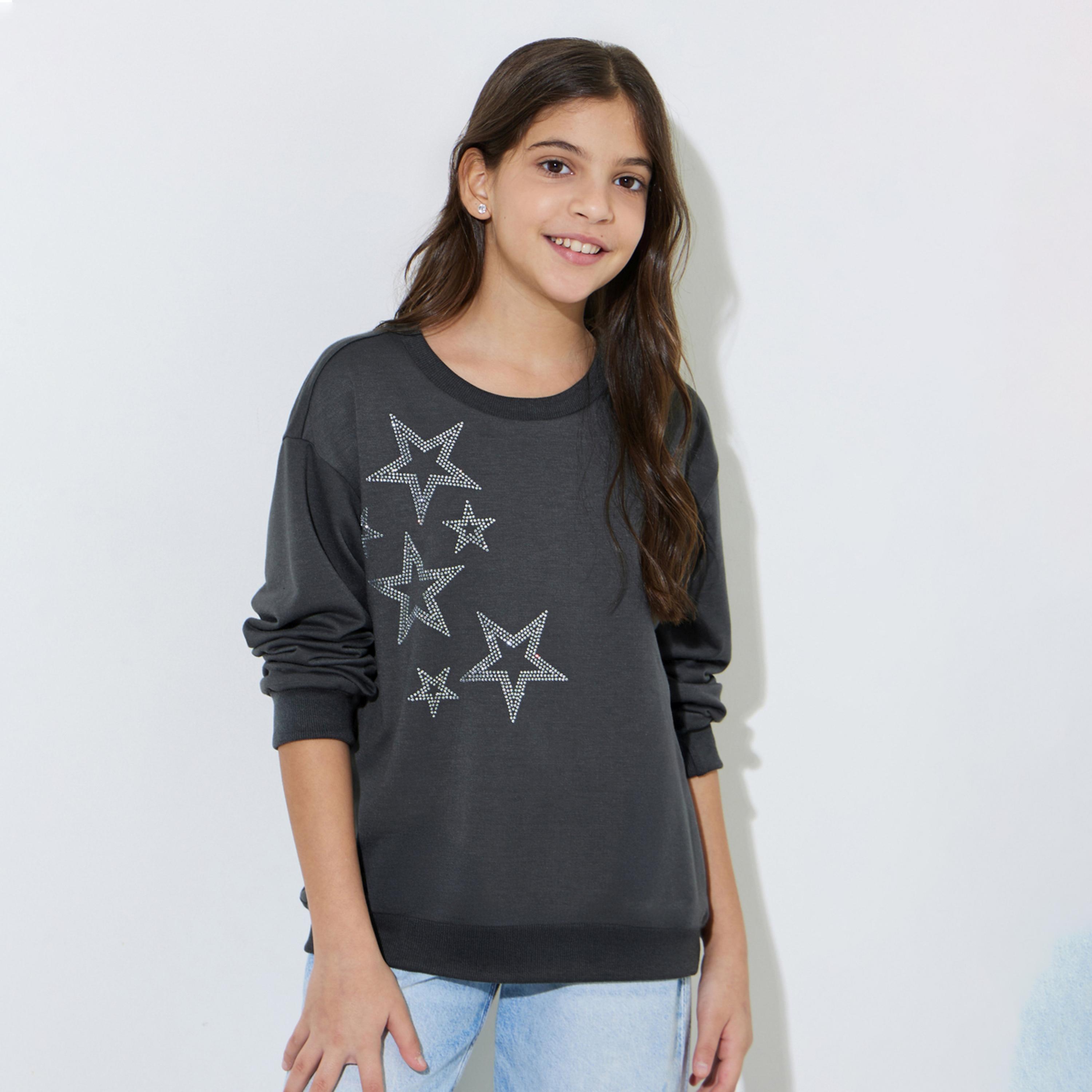 سويت شيرت واسع بتفاصيل مزينة باللون الرمادي للبنات-girls-clothing-sweatshirts-image-1
