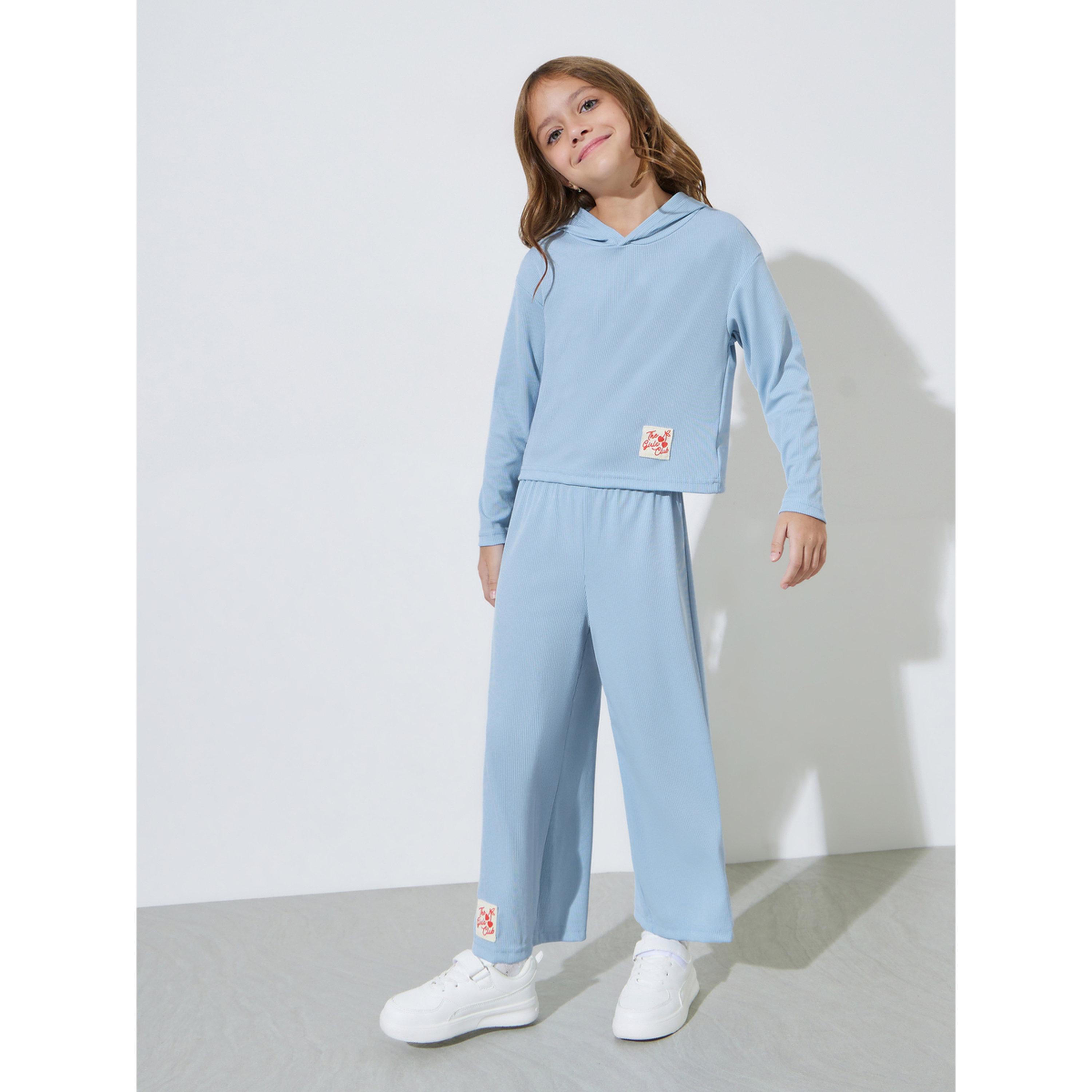 Styli Girls Blue Textured Patchwork Hoodie and Wide Leg Joggers Set-girls-clothing-setsandcoords-image-1
