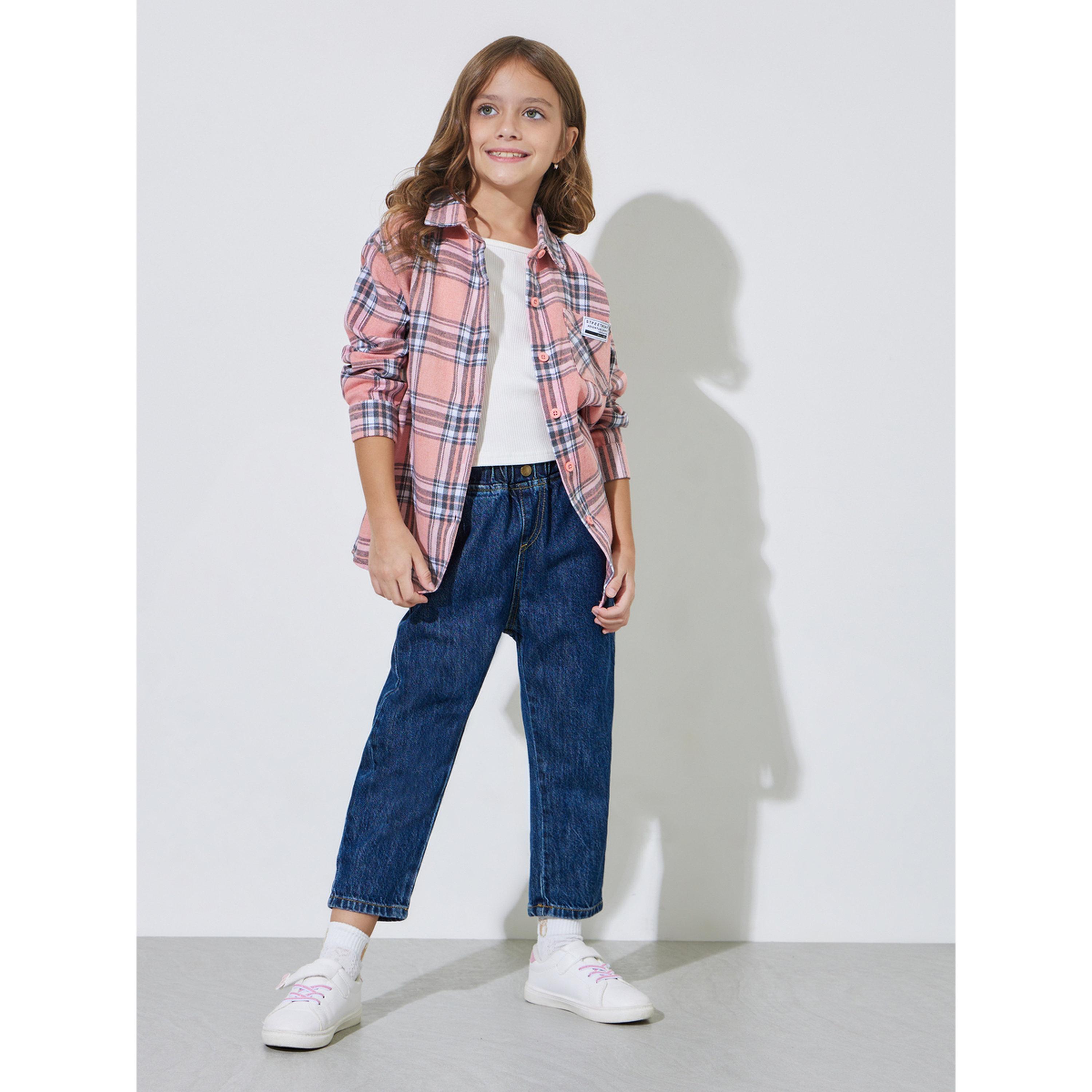 قميص واسع بطبعة مربعات وتفاصيل جيب للبنات-girls-clothing-blousesandshirts-image-2