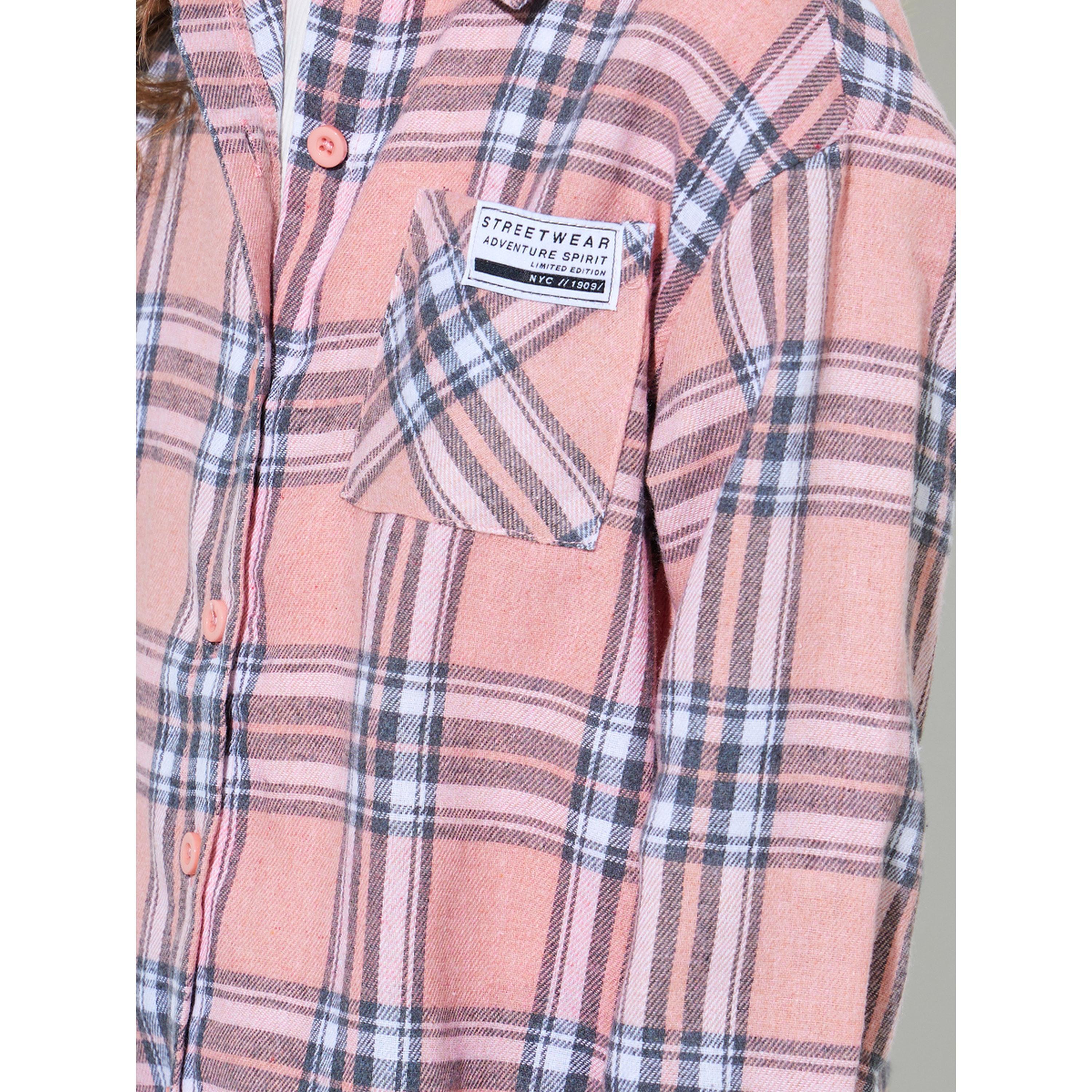 قميص واسع بطبعة مربعات وتفاصيل جيب للبنات-girls-clothing-blousesandshirts-image-5