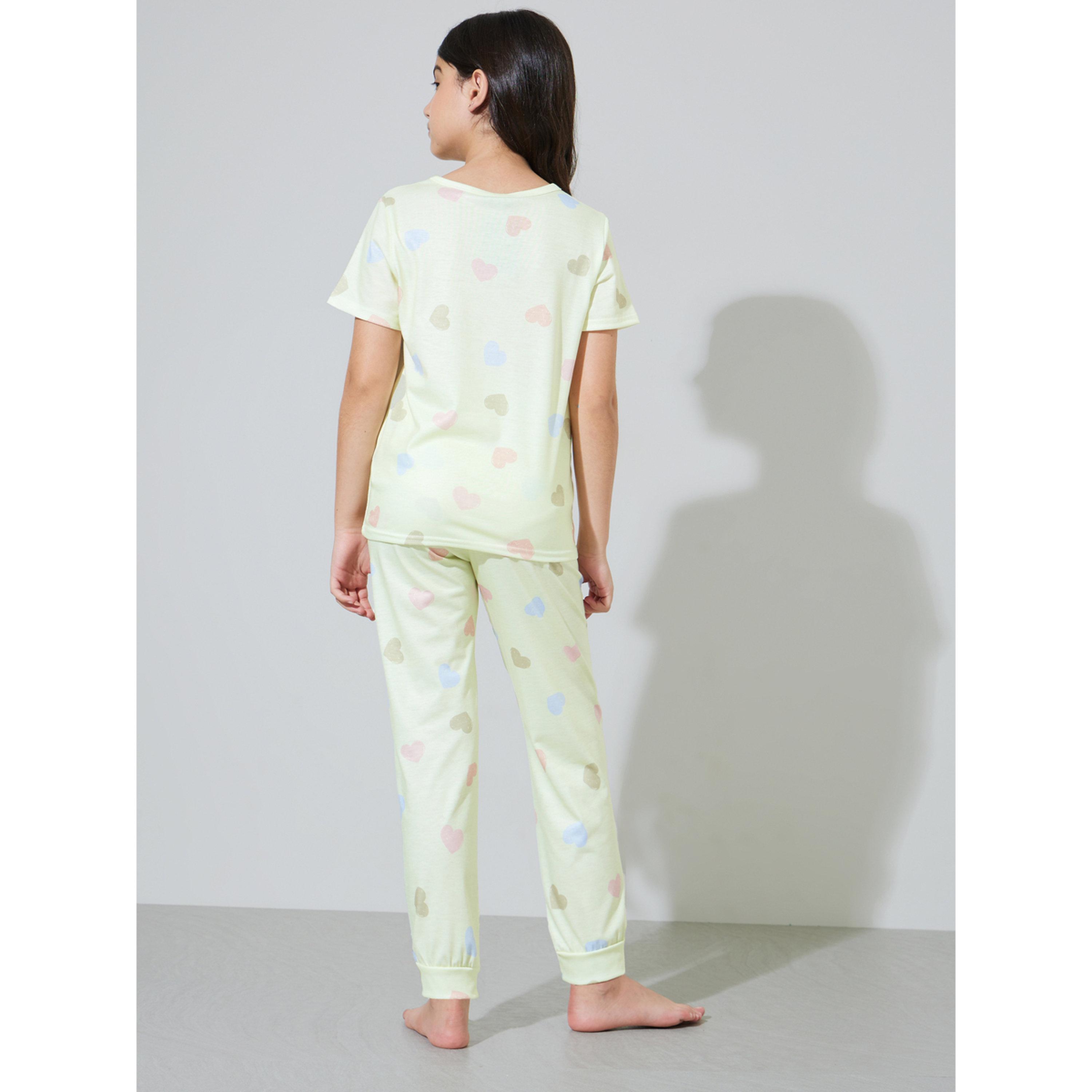 Styli Teen Girls Yellow Heart Print T-Shirt and Cuffed Pants Pyjama Set-girls-clothing-nightwear-image-3