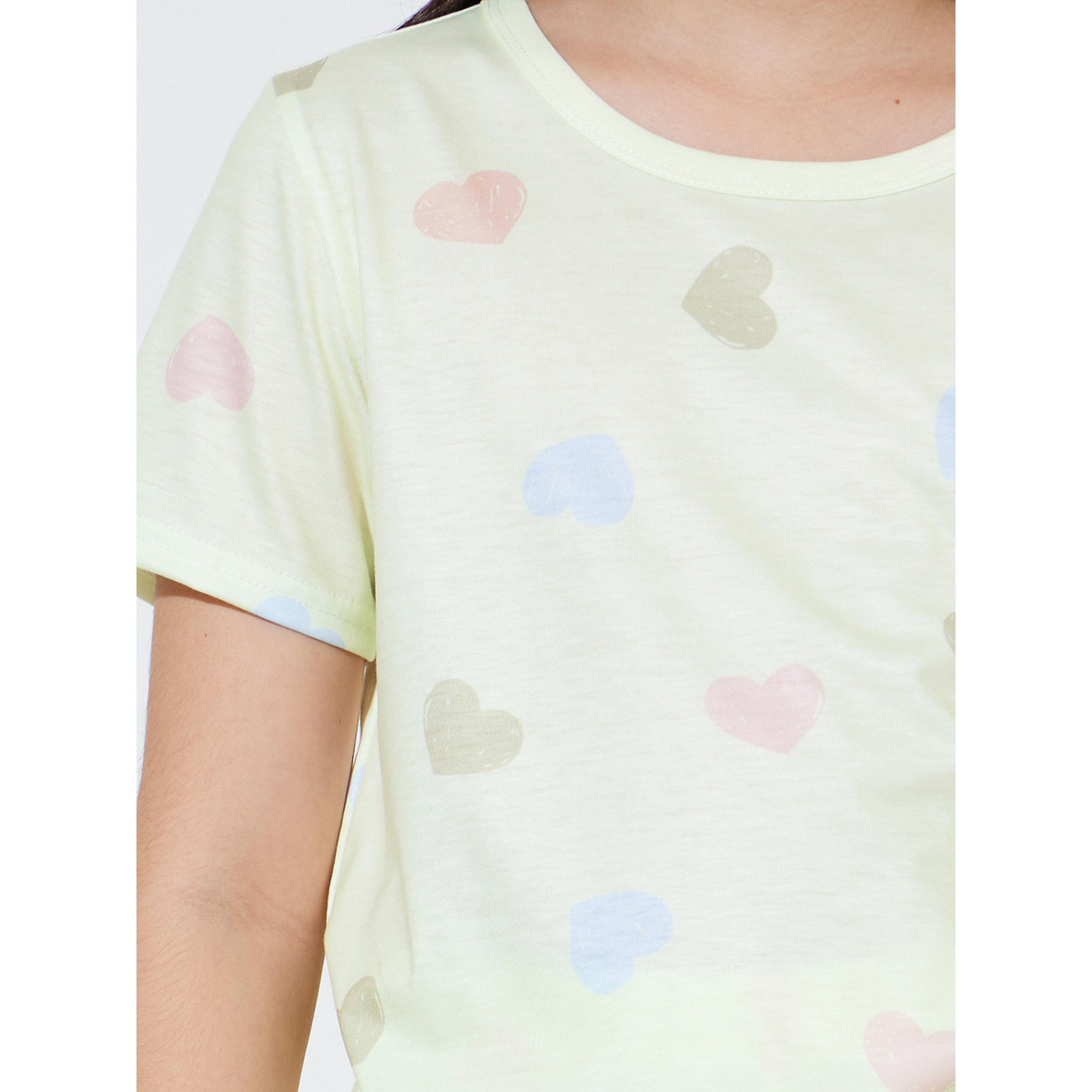 Styli Teen Girls Yellow Heart Print T-Shirt and Cuffed Pants Pyjama Set-girls-clothing-nightwear-image-5