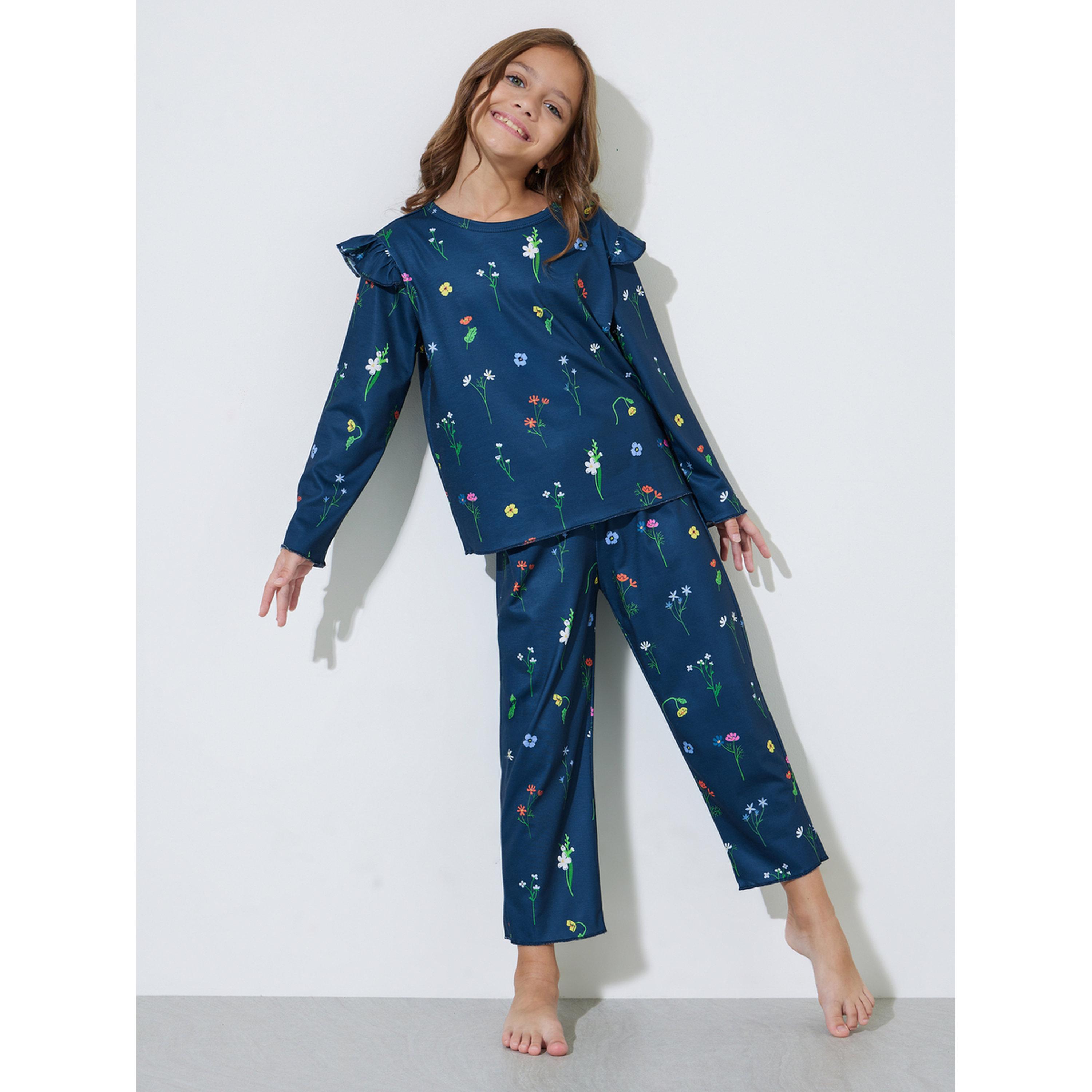 طقم بيجاما من بنطال بأرجل مستقيمة وتيشيرت بطبعة زهور كاملة للبنات-girls-clothing-nightwear-image-1