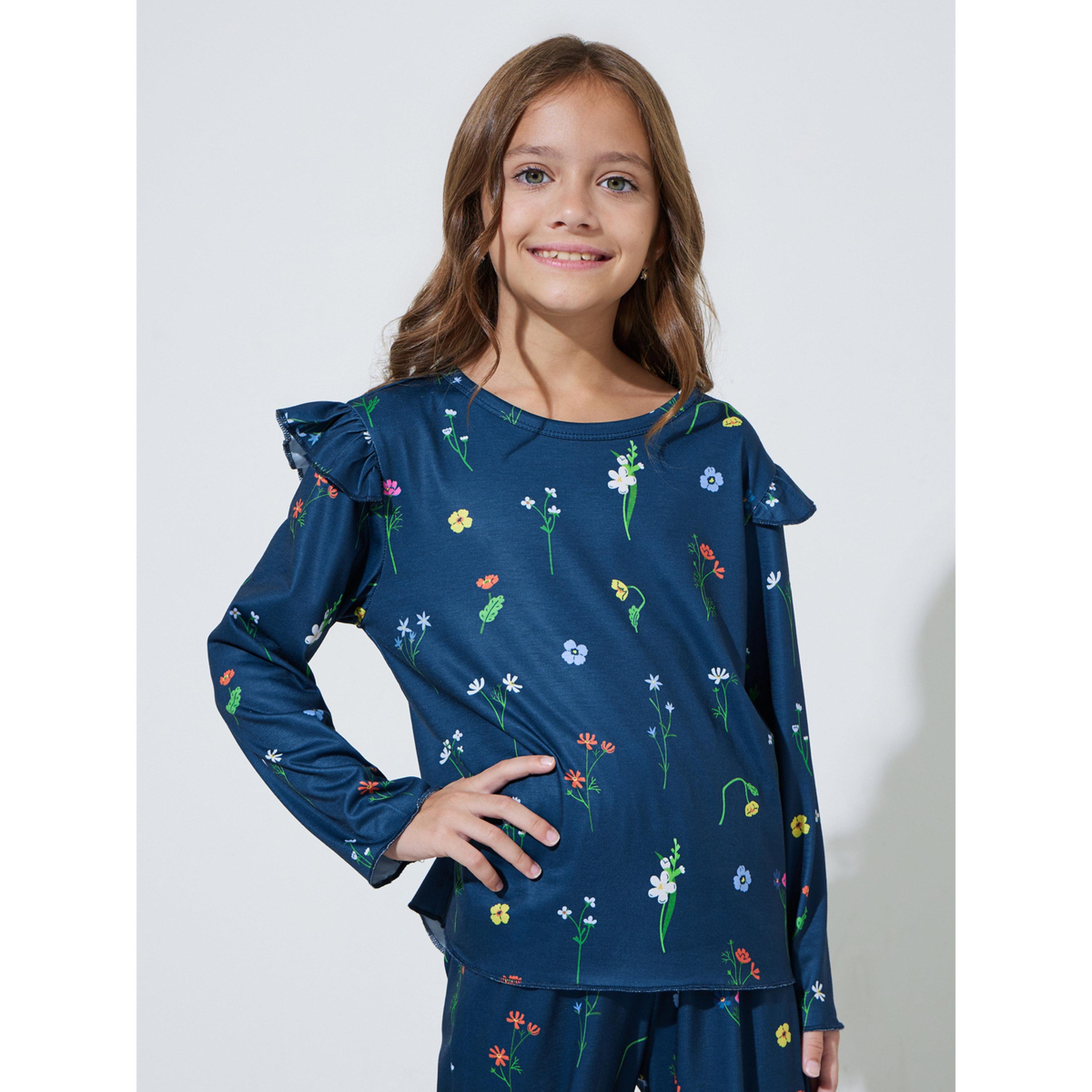 طقم بيجاما من بنطال بأرجل مستقيمة وتيشيرت بطبعة زهور كاملة للبنات-girls-clothing-nightwear-image-2