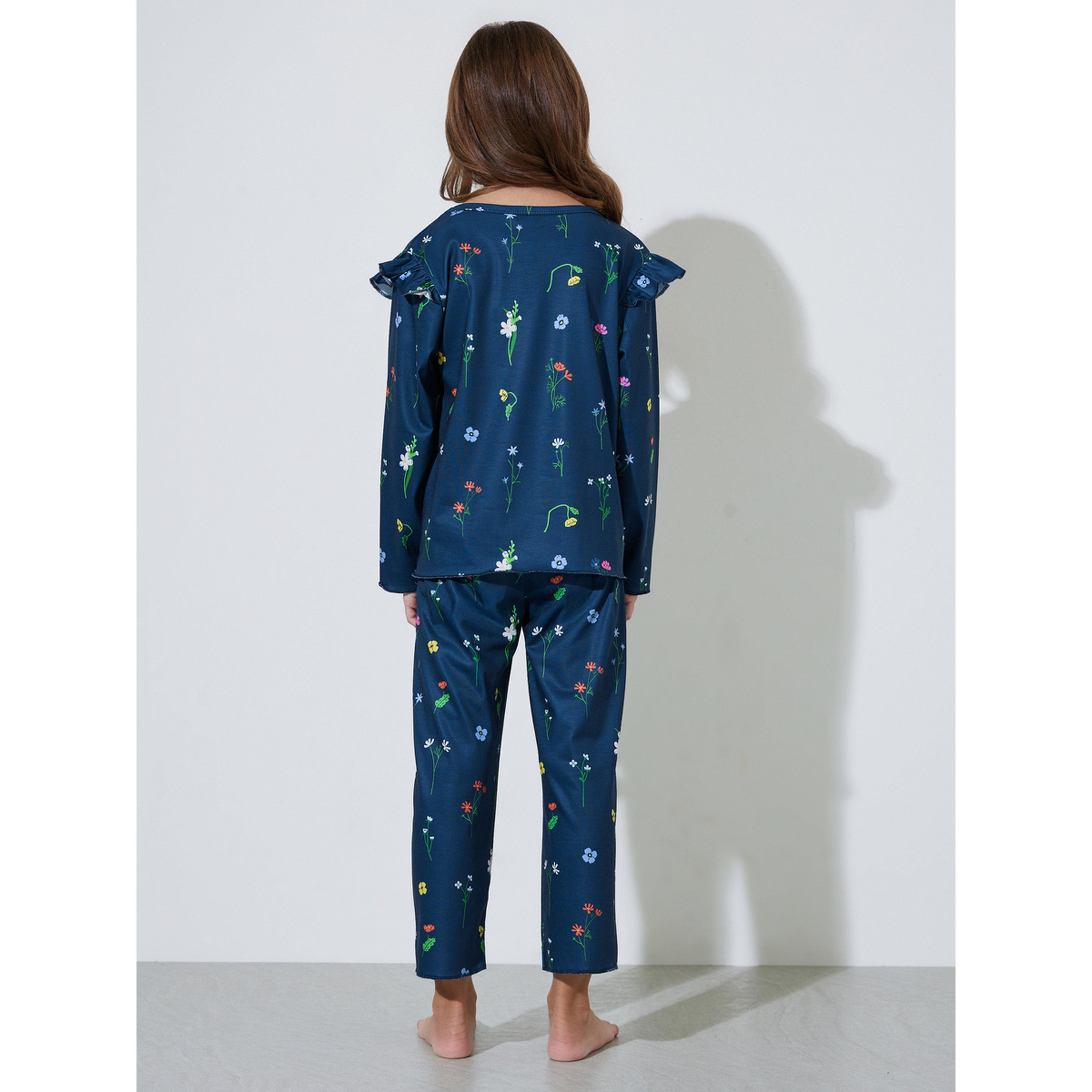 طقم بيجاما من بنطال بأرجل مستقيمة وتيشيرت بطبعة زهور كاملة للبنات-girls-clothing-nightwear-image-3