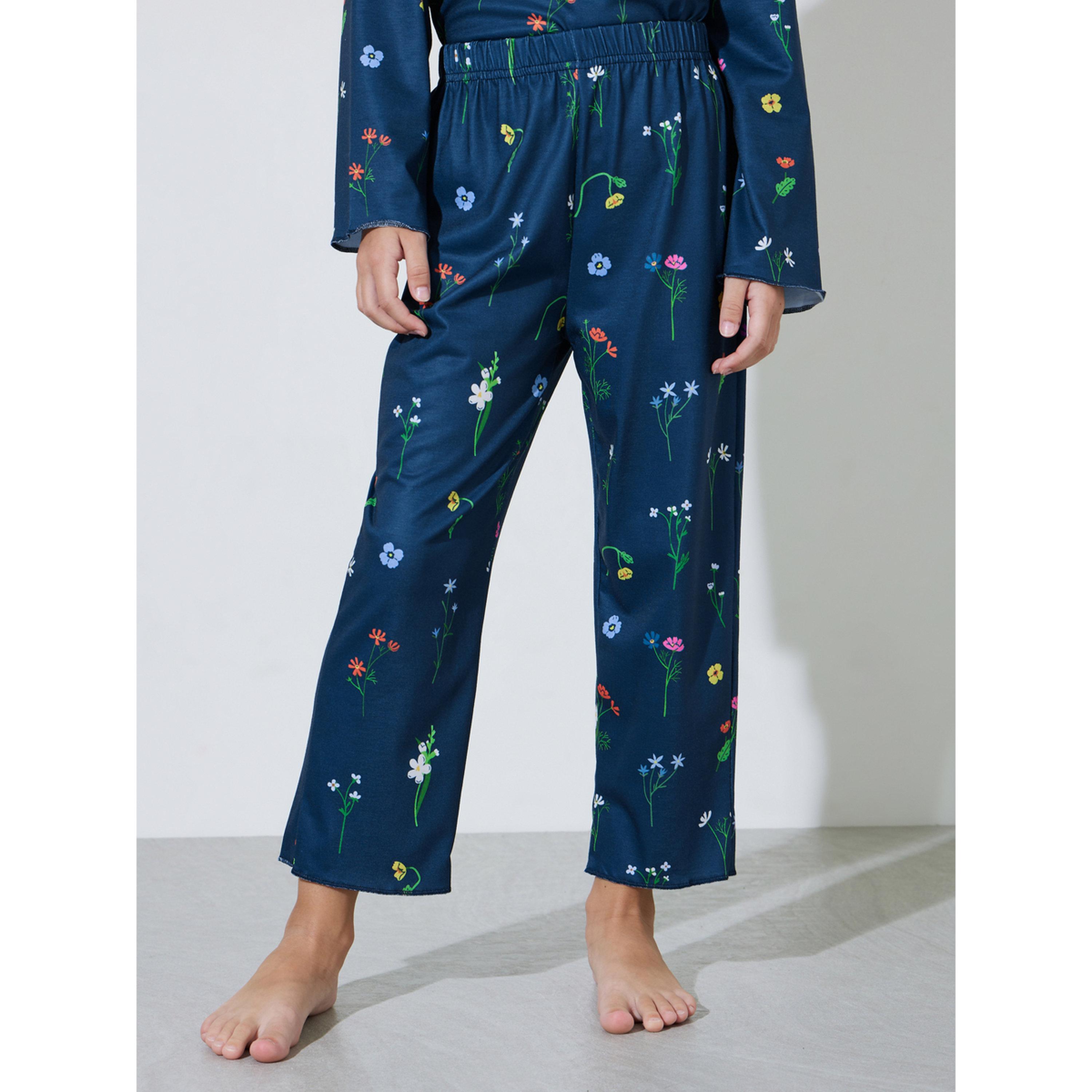 طقم بيجاما من بنطال بأرجل مستقيمة وتيشيرت بطبعة زهور كاملة للبنات-girls-clothing-nightwear-image-4