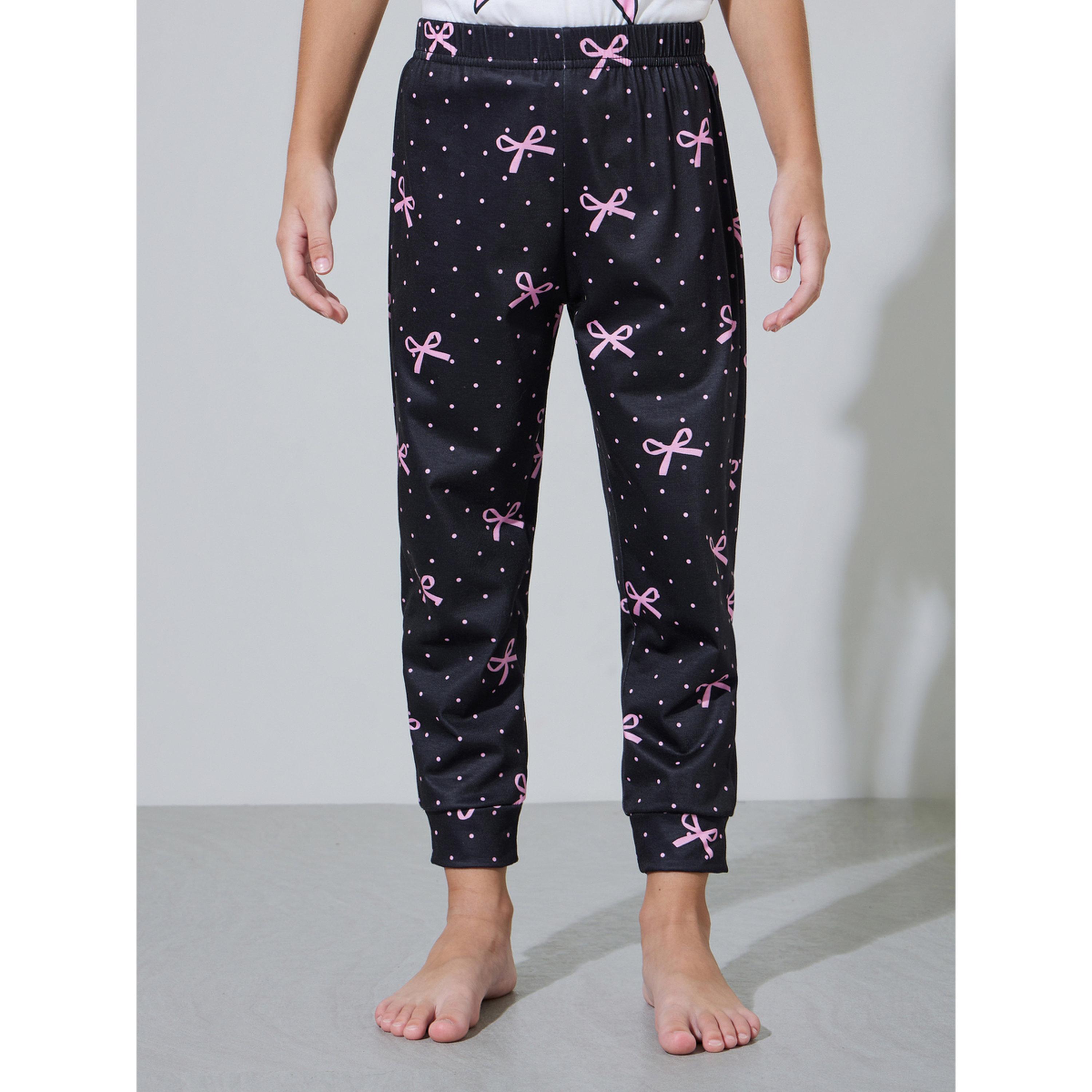 طقم بيجاما من بنطال بأساور وتيشيرت بطبعة فيونكة ونجمة للبنات-girls-clothing-nightwear-image-4