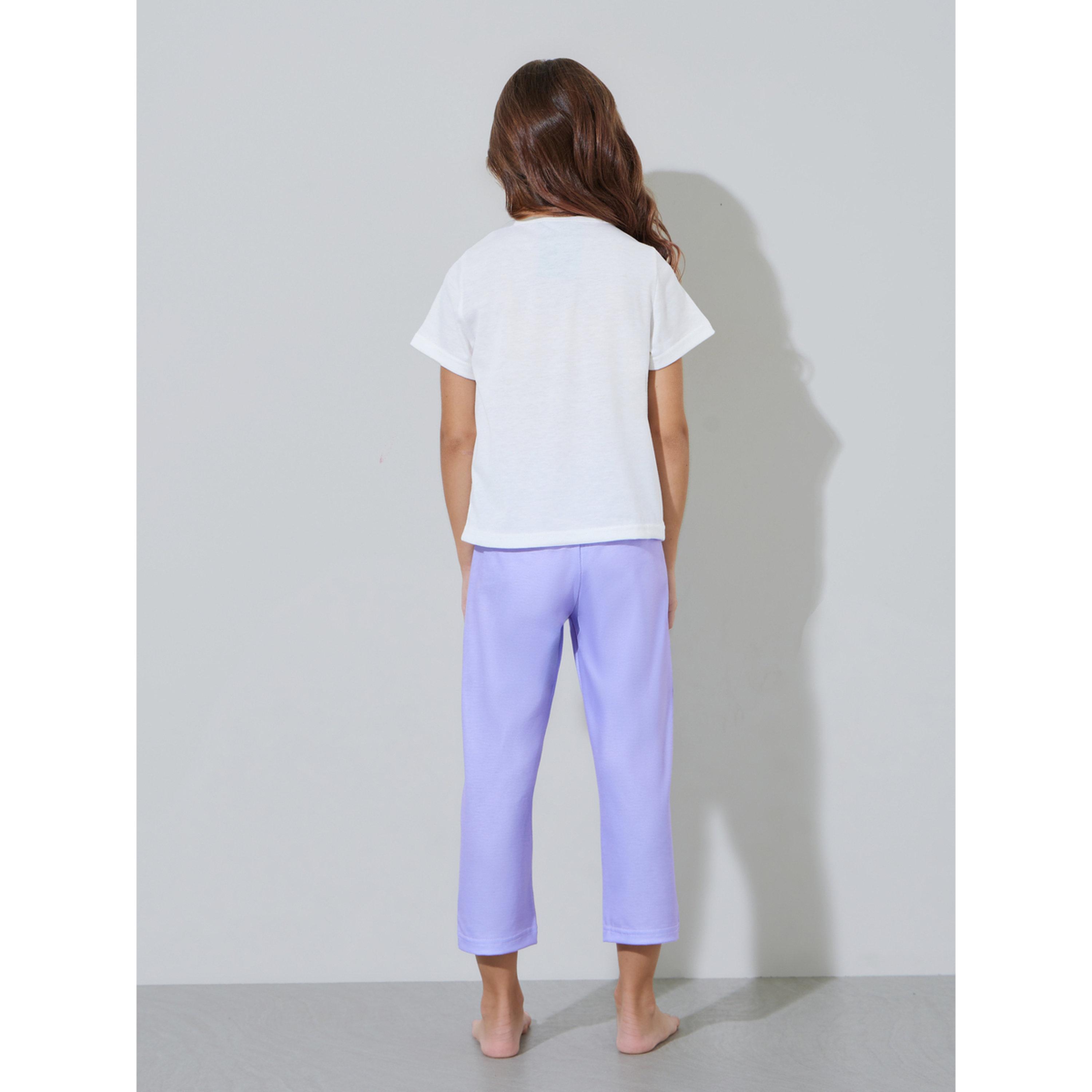 ستايلي - بيجاما للبنات تيشيرت أبيض برسومات وبنطال بنفسجي-girls-clothing-nightwear-image-3