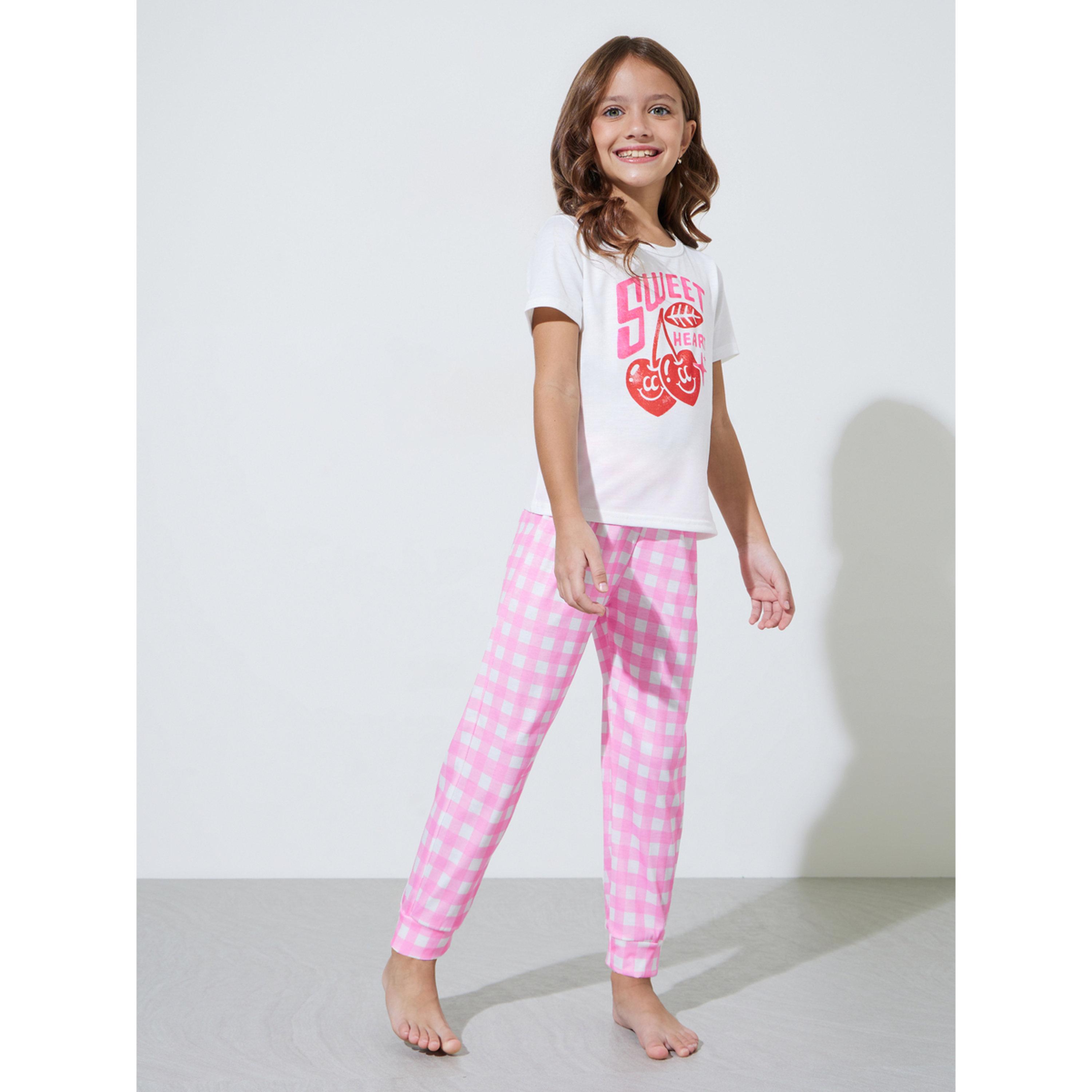 Styli Girls White Graphic Print T-Shirt and Pink Checked Pants Pyjama Set-girls-clothing-nightwear-image-1