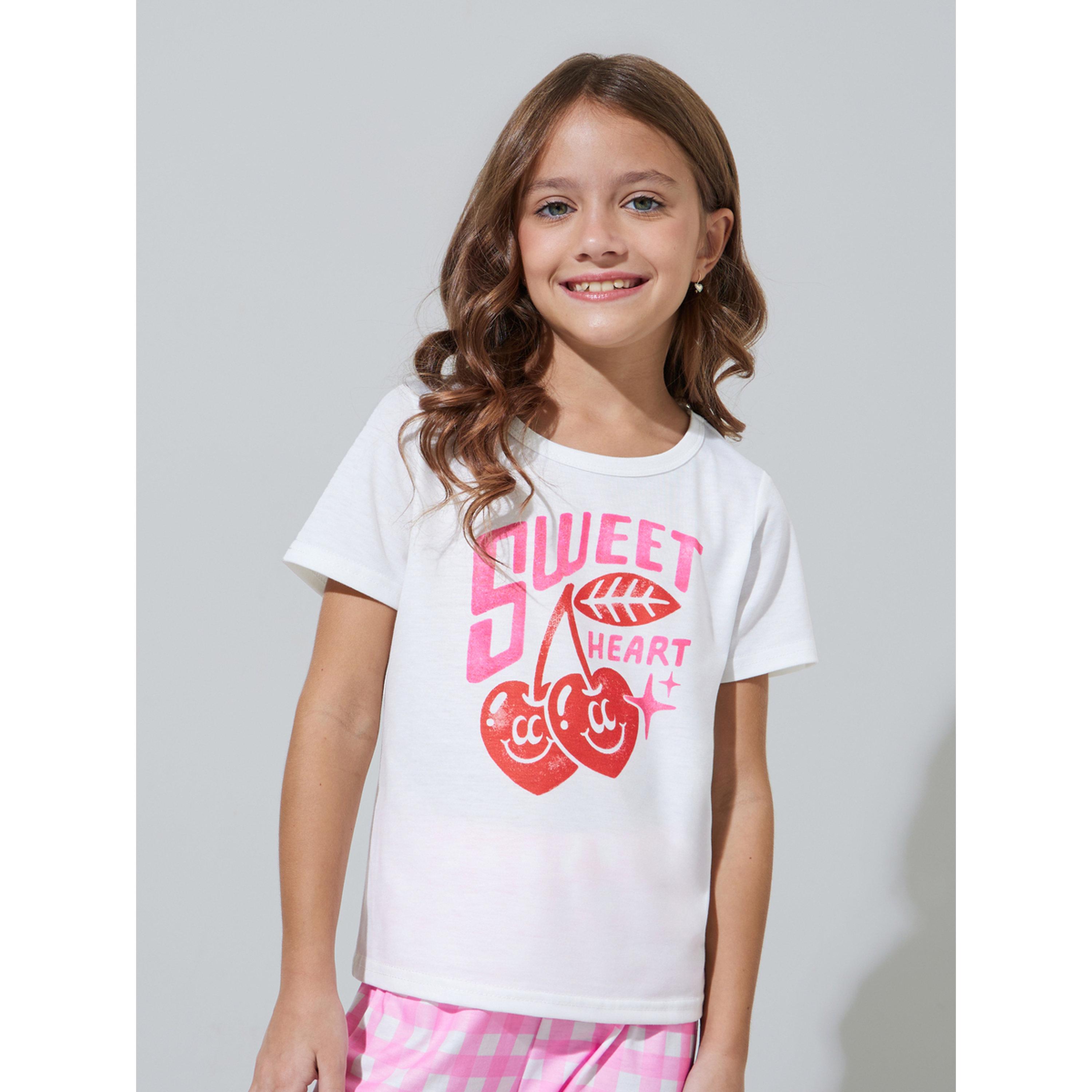 Styli Girls White Graphic Print T-Shirt and Pink Checked Pants Pyjama Set-girls-clothing-nightwear-image-3