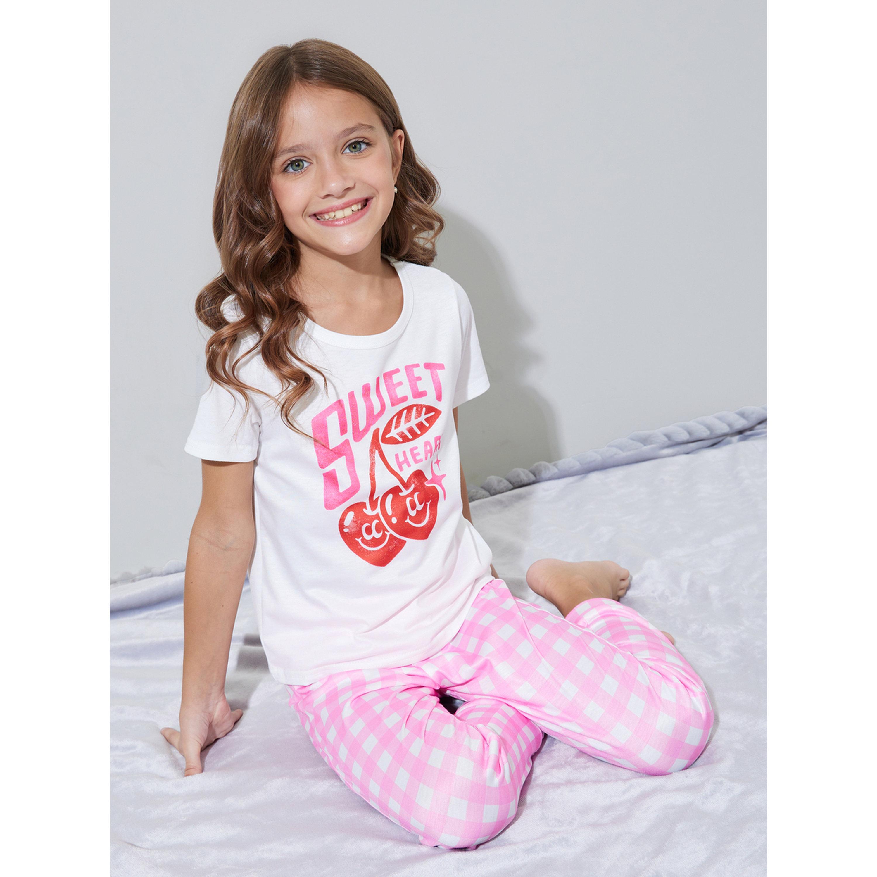 Styli Girls White Graphic Print T-Shirt and Pink Checked Pants Pyjama Set-girls-clothing-nightwear-image-4