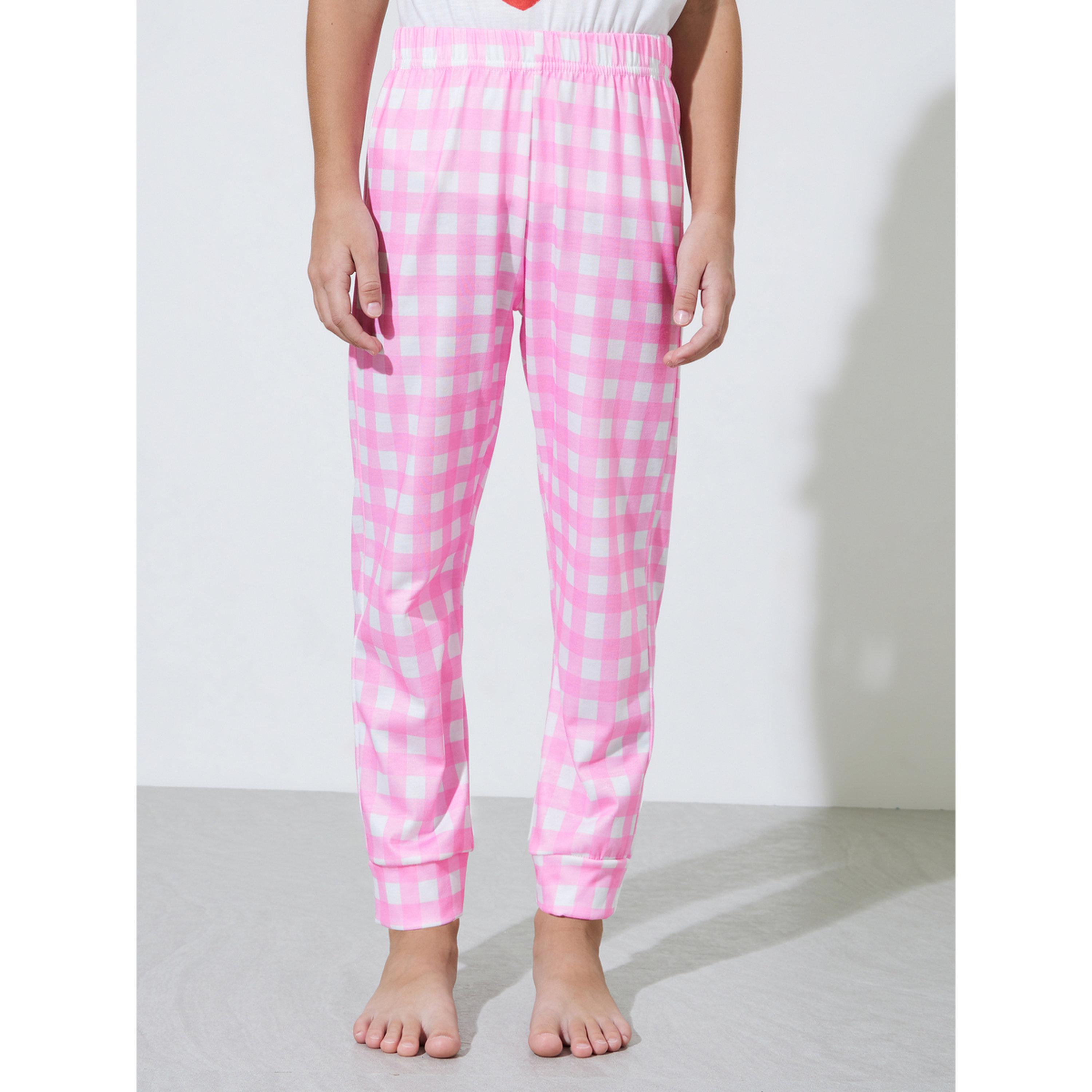 Styli Girls White Graphic Print T-Shirt and Pink Checked Pants Pyjama Set-girls-clothing-nightwear-image-5