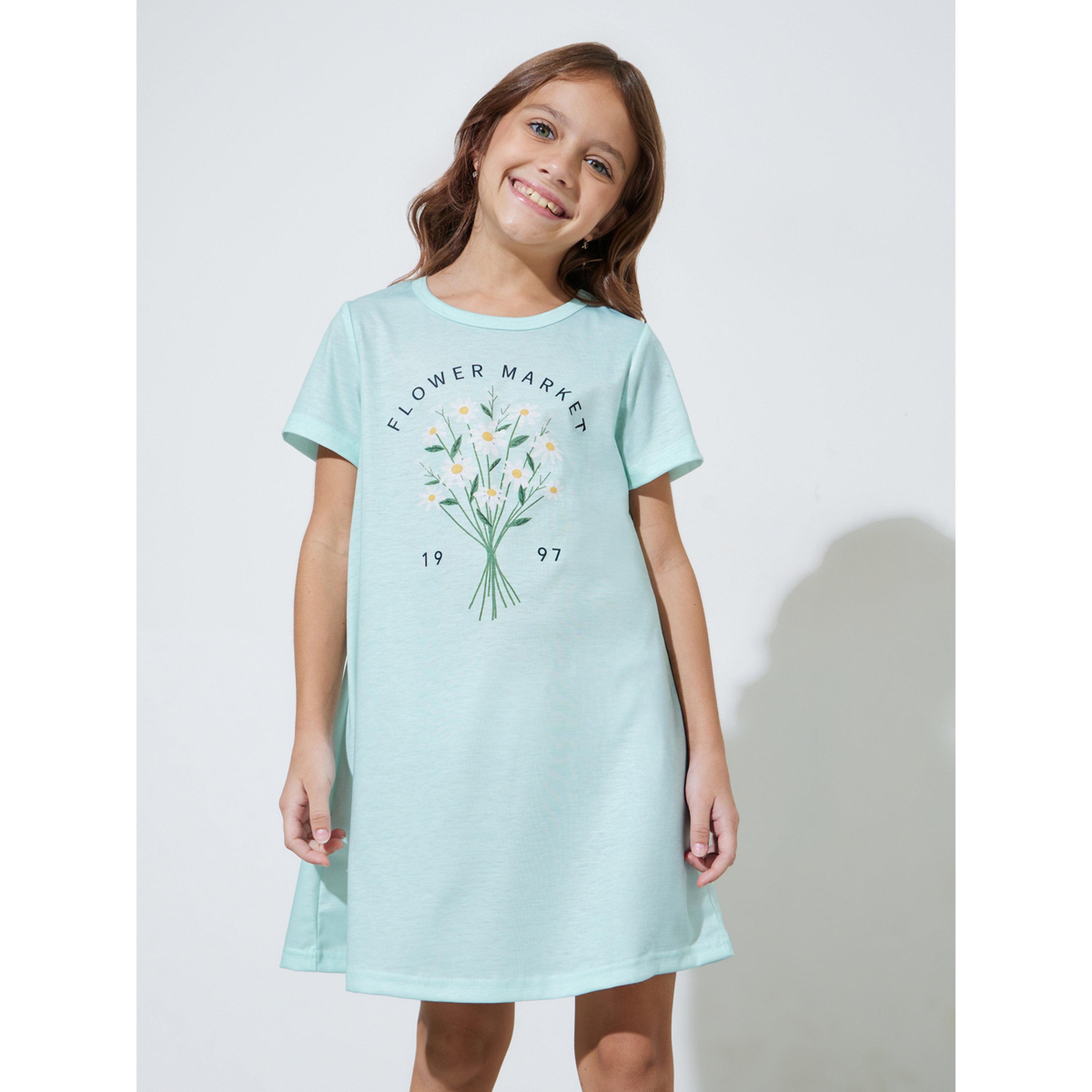 Styli Girls Mint Green Graphic Print Short Sleeves Sleep Dress-girls-clothing-nightwear-image-1