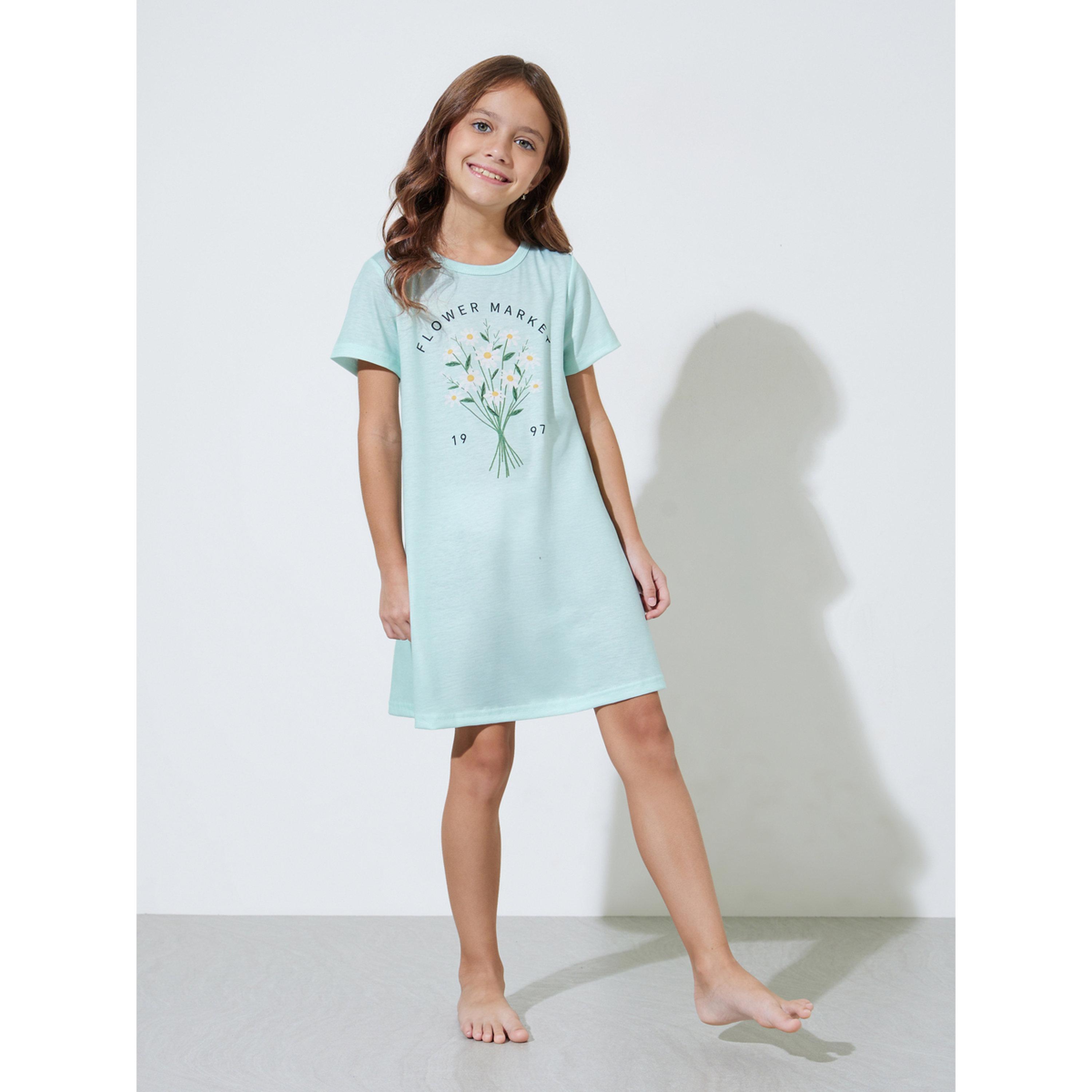 ستايلي - فستان نوم قصير الأكمام للبنات بلون أخضر نعناعي برسومات-girls-clothing-nightwear-image-2