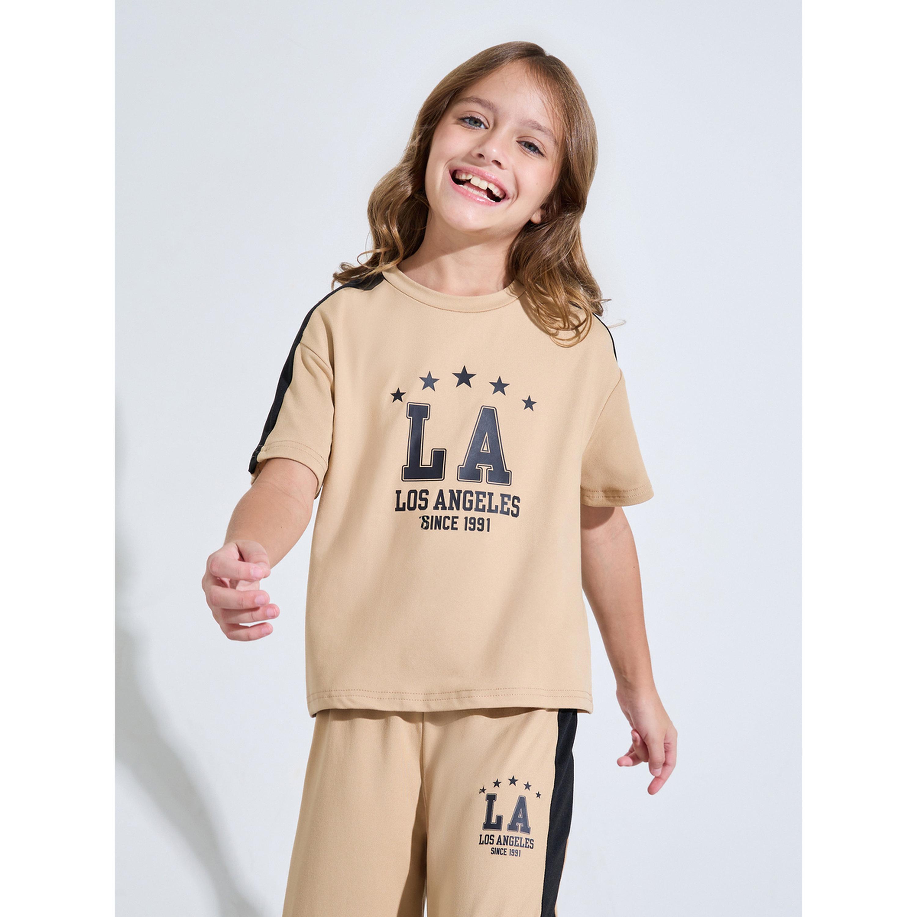Styli Girls Beige Graphic Print Side Striped T-Shirt and Wide Leg Pants Set-girls-clothing-setsandcoords-image-2