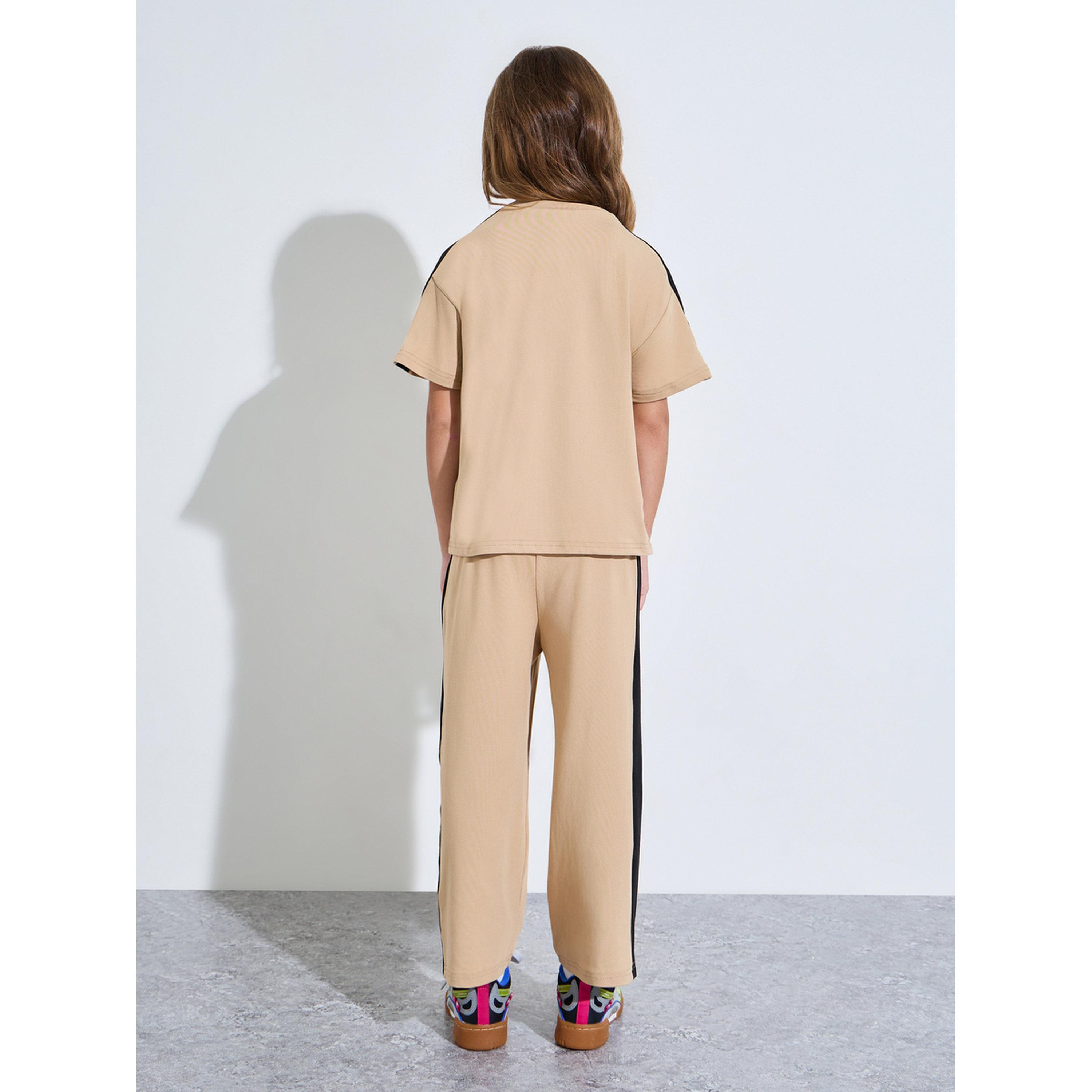Styli Girls Beige Graphic Print Side Striped T-Shirt and Wide Leg Pants Set-girls-clothing-setsandcoords-image-3