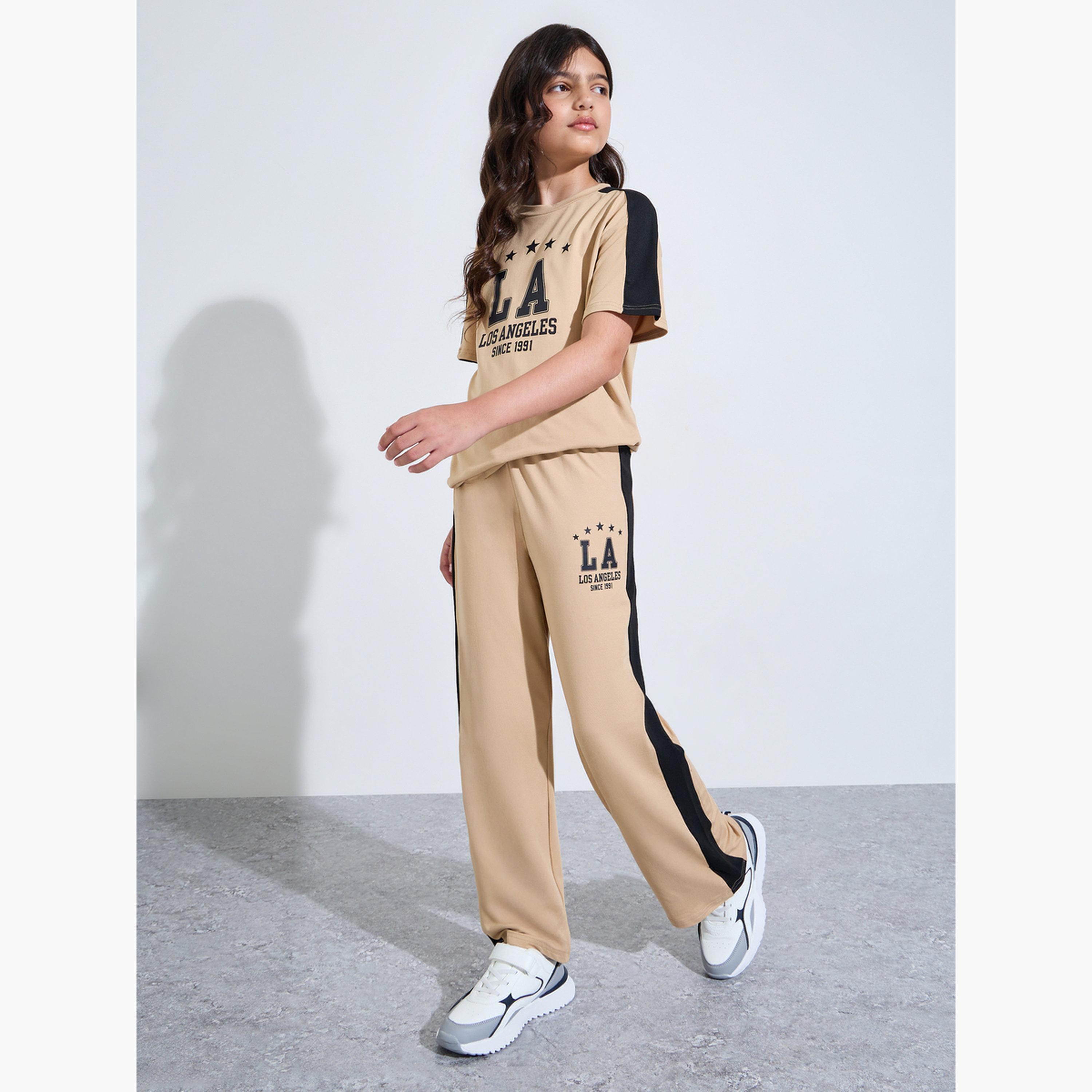 Styli Teen Girls Beige Graphic T-Shirt and Wide Leg Joggers Set-girls-clothing-setsandcoords-image-1