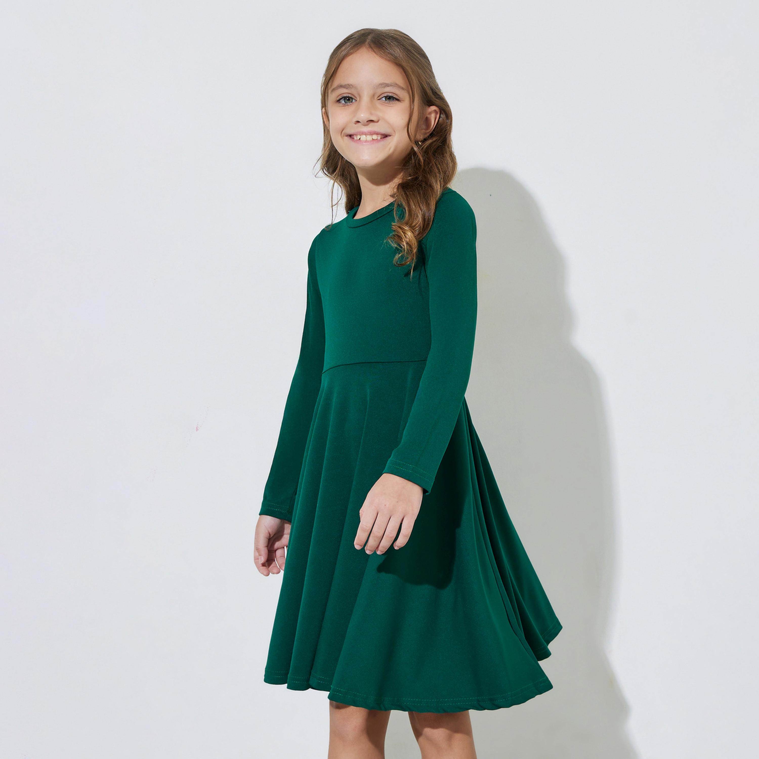 فستان بطول الركبة وأكمام طويلة بحافة واسعة للبنات باللون الأخضر-girls-clothing-dressesandjumpsuits-image-1
