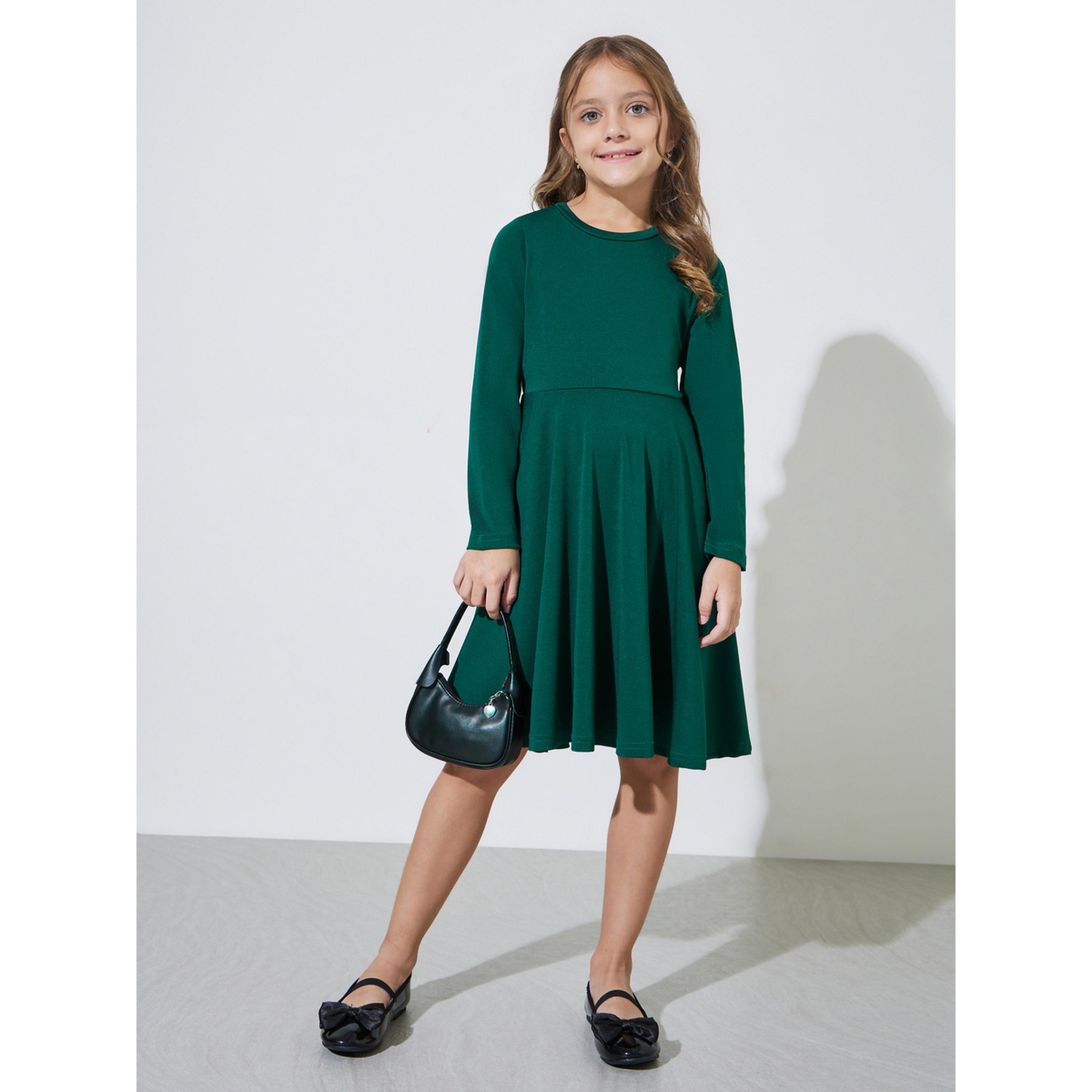 فستان بطول الركبة وأكمام طويلة بحافة واسعة للبنات باللون الأخضر-girls-clothing-dressesandjumpsuits-image-2