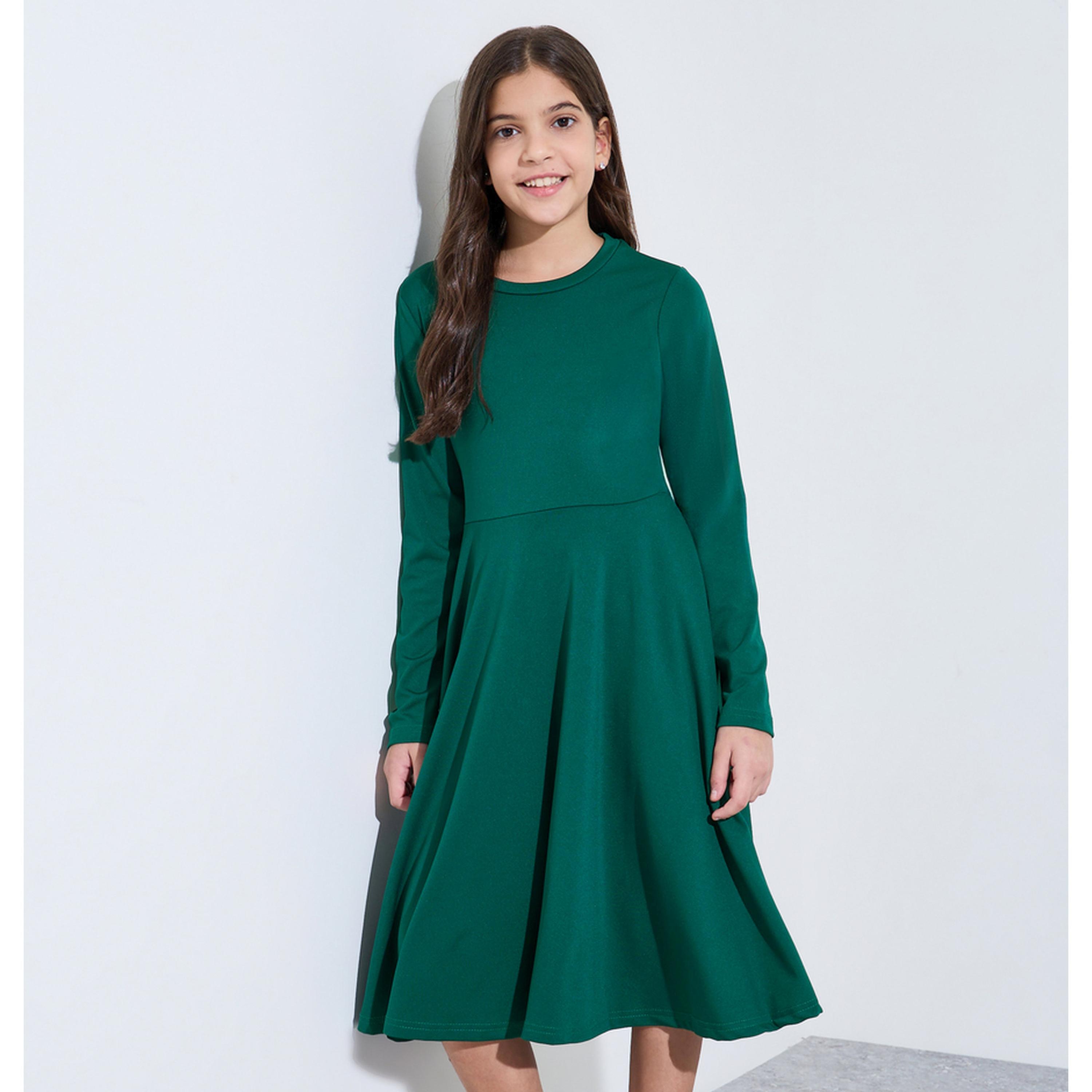 فستان ميدي سادة بأكمام طويلة وحافة واسعة للبنات الكبار-girls-clothing-dressesandjumpsuits-image-1
