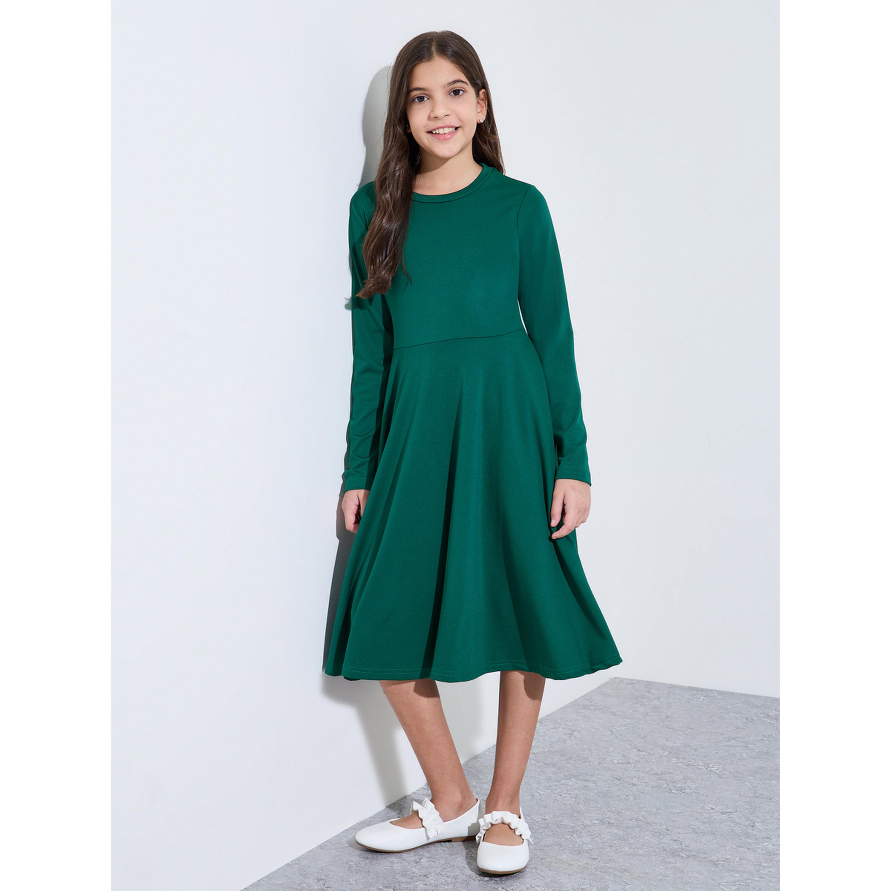 فستان ميدي سادة بأكمام طويلة وحافة واسعة للبنات الكبار-girls-clothing-dressesandjumpsuits-image-2
