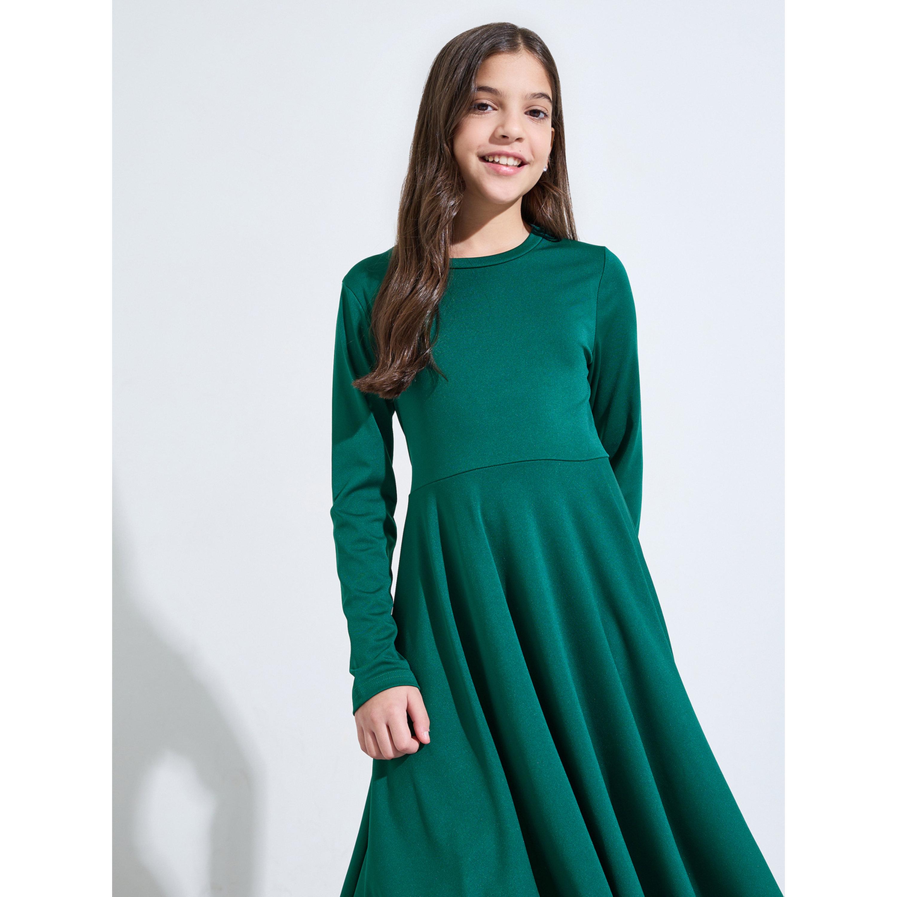 فستان ميدي سادة بأكمام طويلة وحافة واسعة للبنات الكبار-girls-clothing-dressesandjumpsuits-image-3