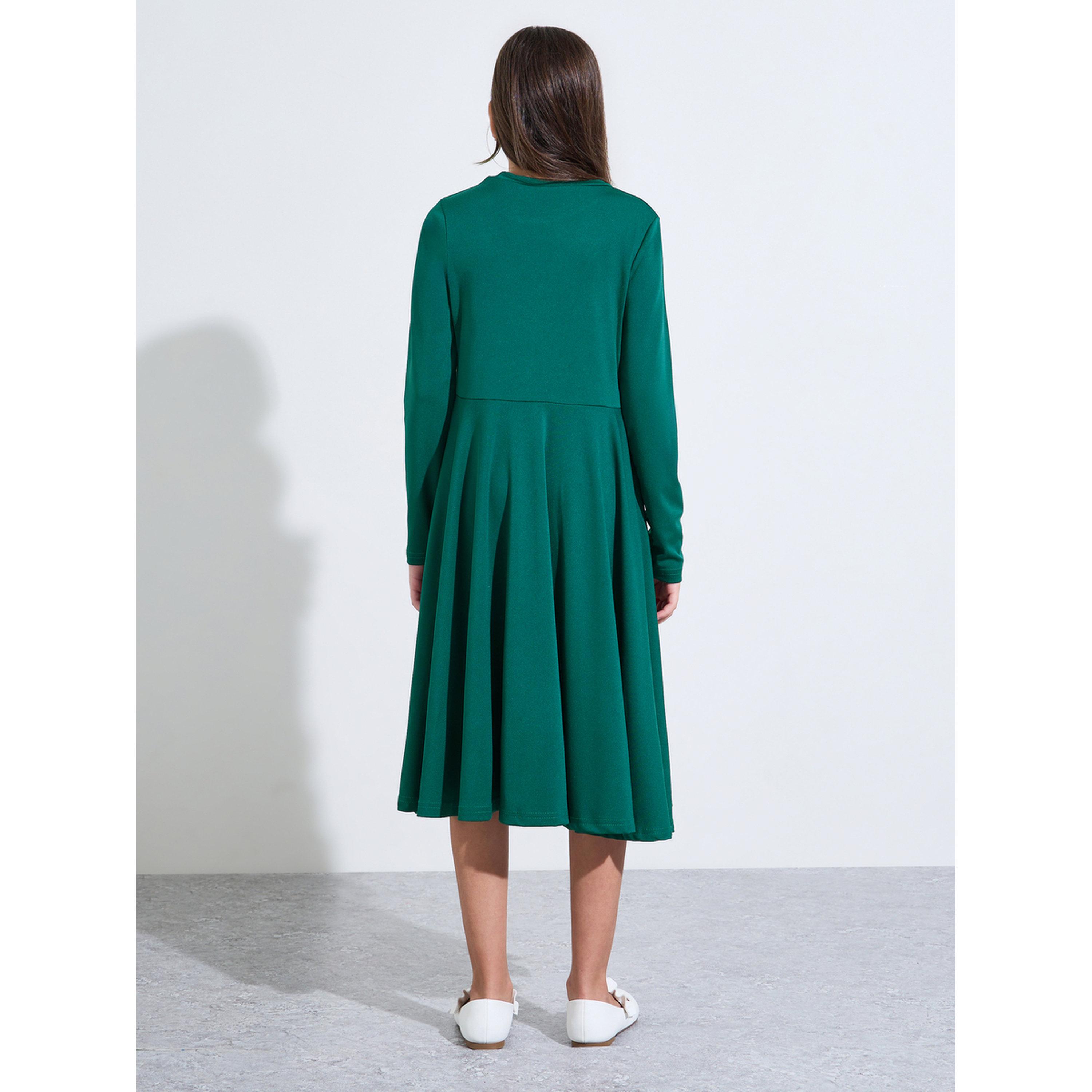 فستان ميدي سادة بأكمام طويلة وحافة واسعة للبنات الكبار-girls-clothing-dressesandjumpsuits-image-4