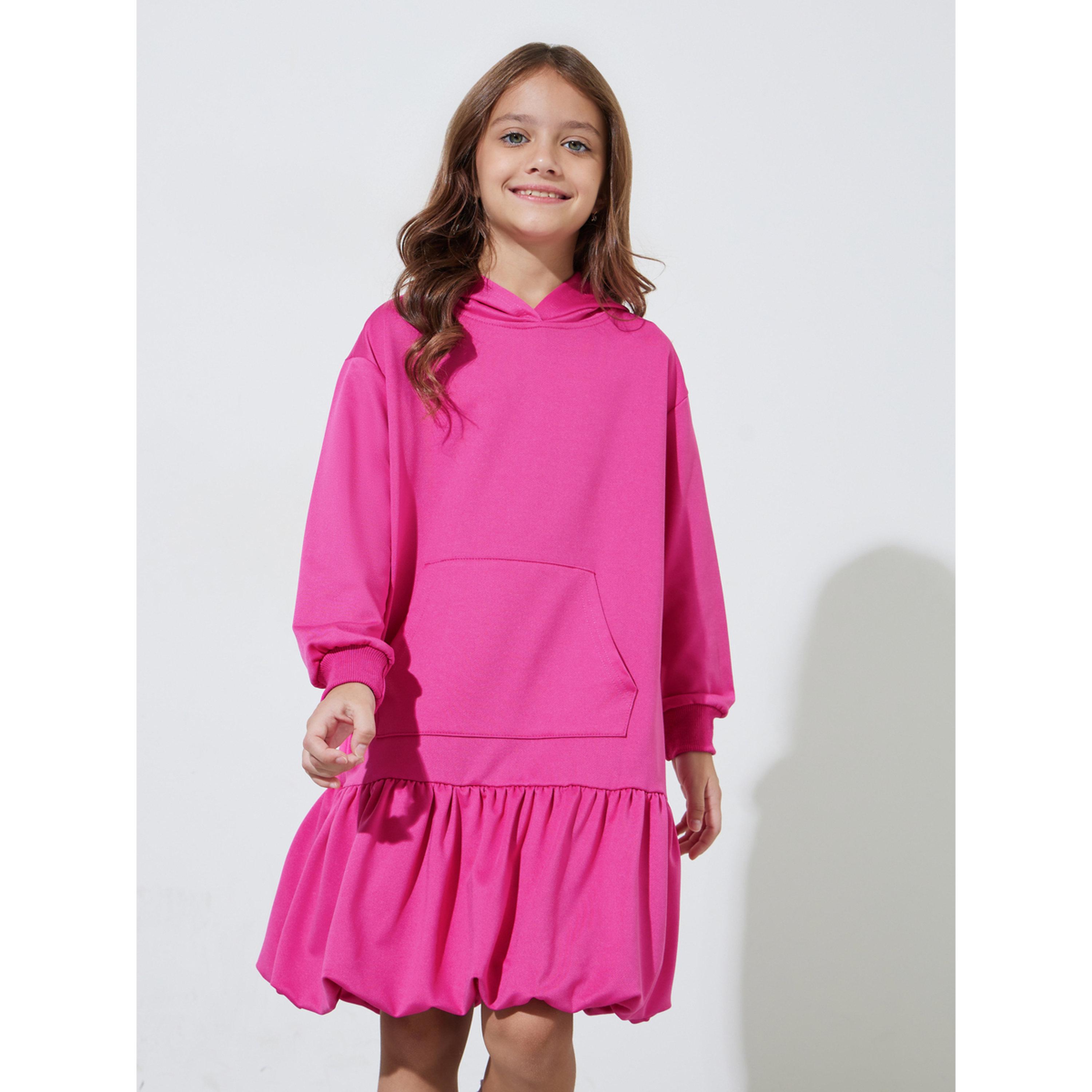 ستايلي - فستان هودي وردي متوسط ​​الطول للبنات مع جيب أمامي-girls-clothing-dressesandjumpsuits-image-1