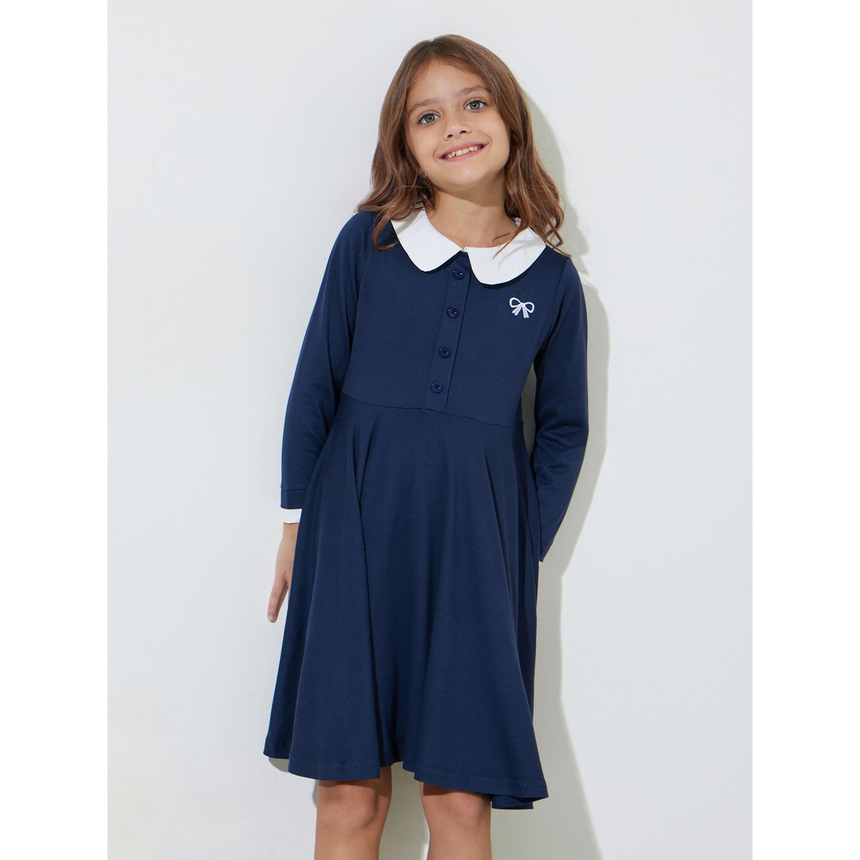 ستايلي - فستان ميدي للبنات باللون الأزرق الداكن مزين بأزرار وياقة بيتر بان وقصة واسعة-girls-clothing-dressesandjumpsuits-image-1