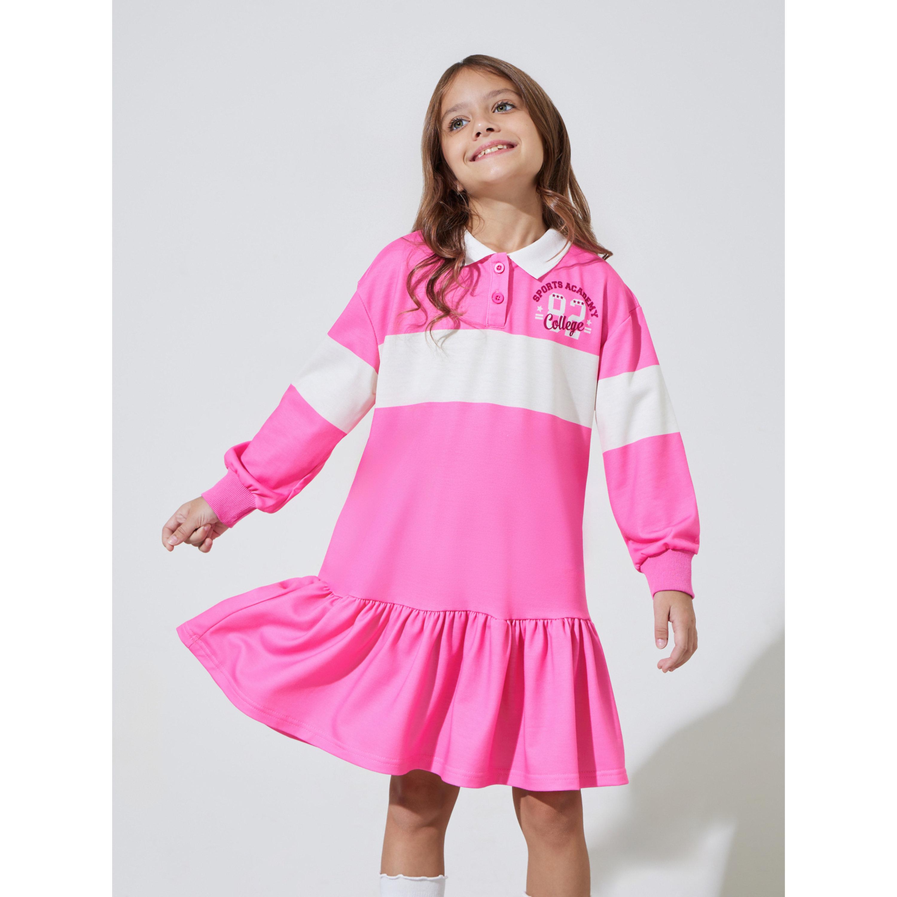 ستايلي - فستان بناتي وردي مخطط ياقة بولو وقصة واسعة تصل إلى الركبة-girls-clothing-dressesandjumpsuits-image-1