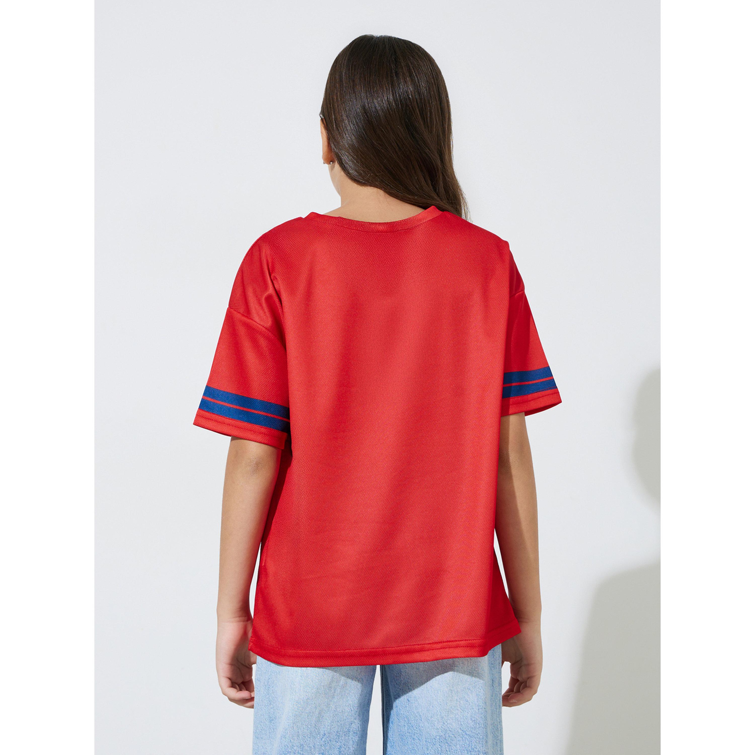 ستايلي - تيشيرت واسع أحمر برسومات ياقة V للبنات المراهقات-sports-girls-clothing-tops-image-3