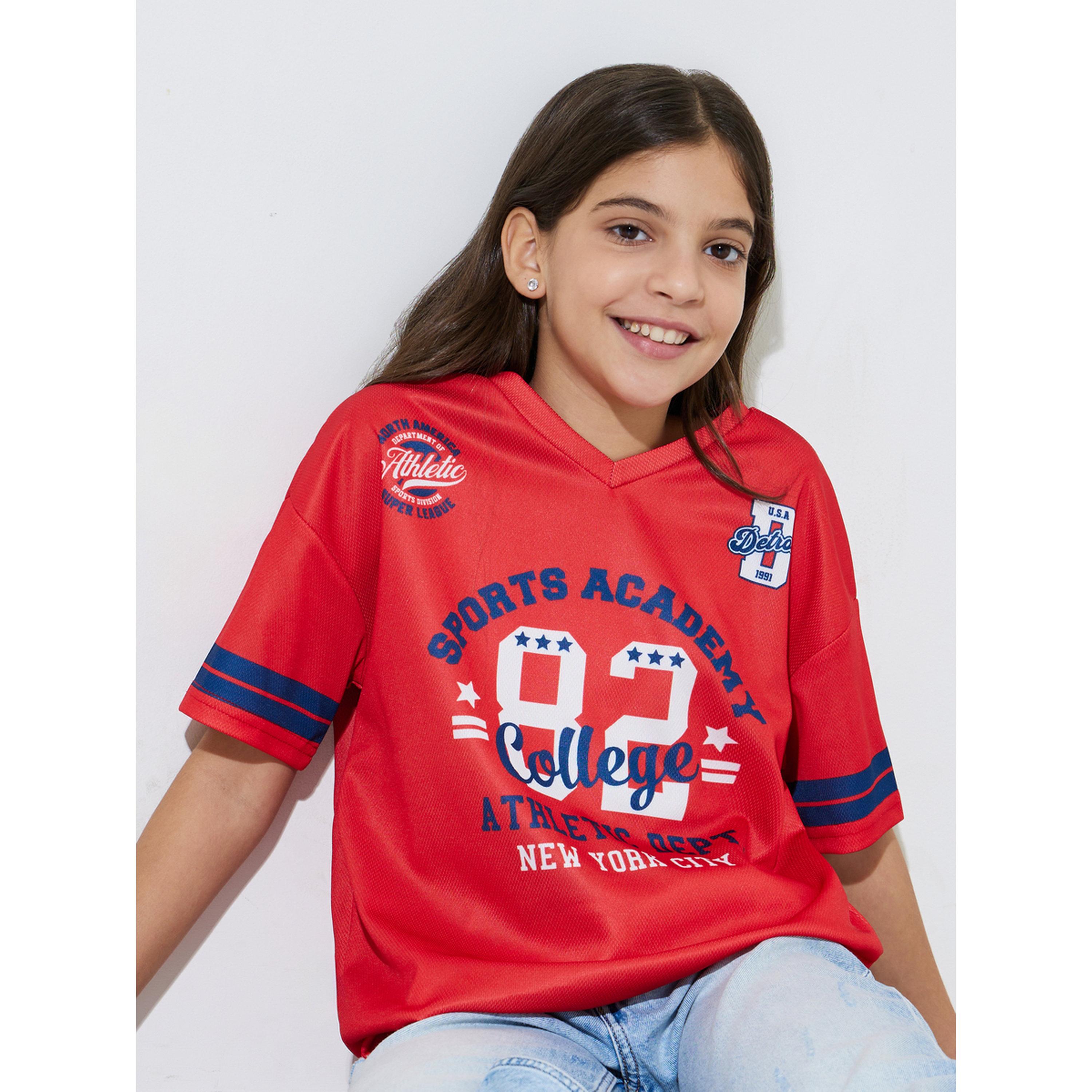 ستايلي - تيشيرت واسع أحمر برسومات ياقة V للبنات المراهقات-sports-girls-clothing-tops-image-4