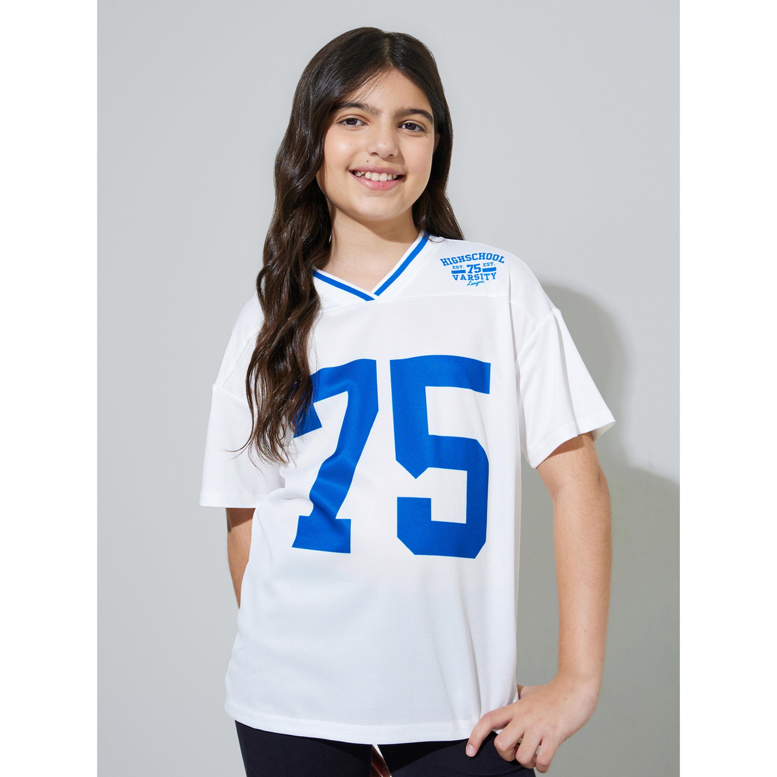 Styli Teen Girls White Graphic Print V Neck Sports T-Shirt-sports-girls-clothing-tops-image-1