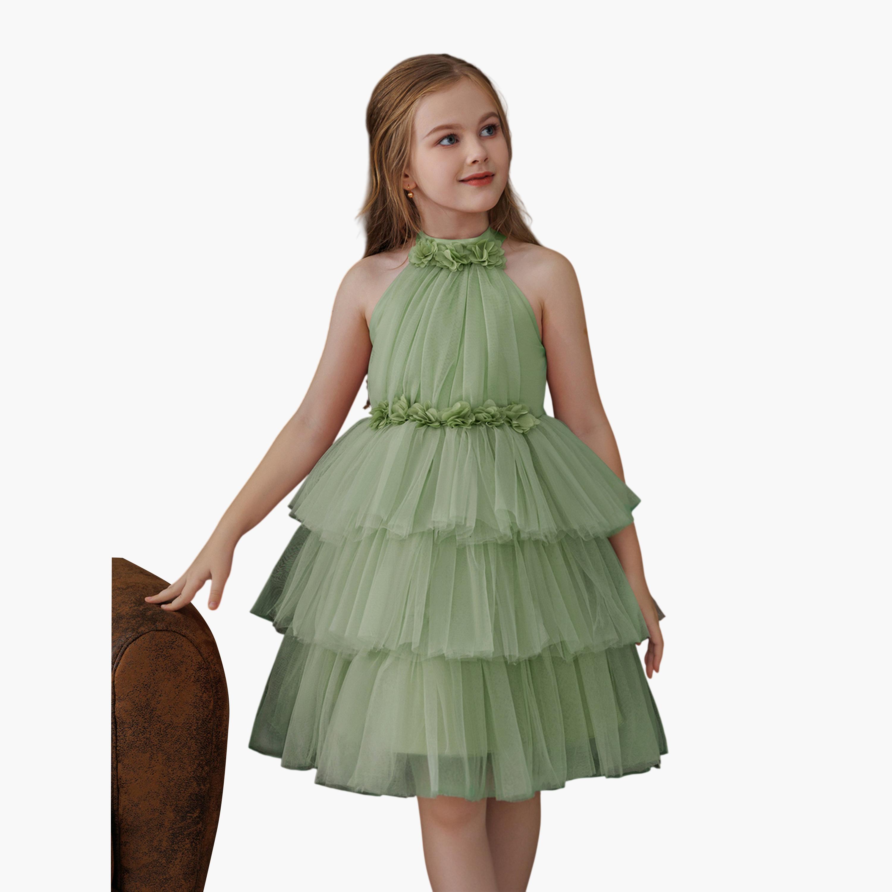 فستان تول أخضر سادي بطبقات وحافة واسعة-girls-clothing-dressesandjumpsuits-image-1