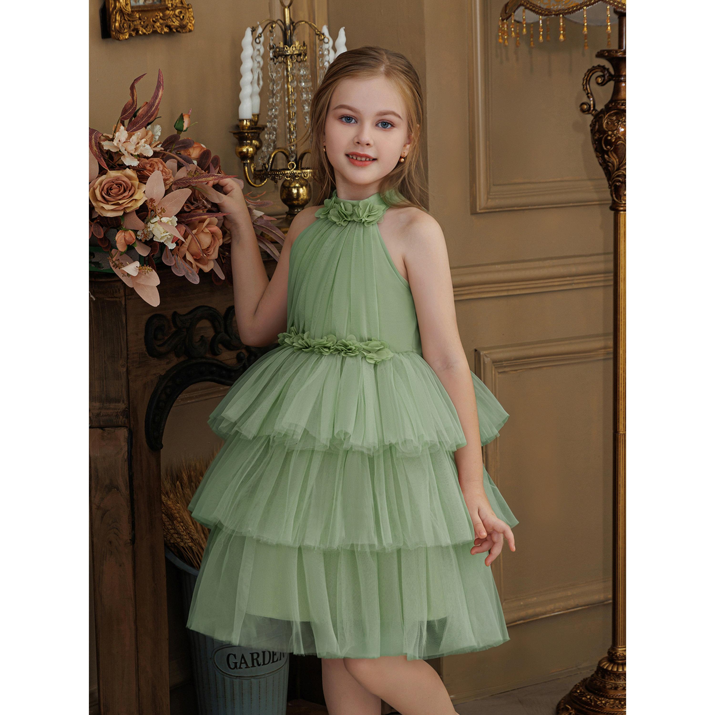 فستان تول أخضر سادي بطبقات وحافة واسعة-girls-clothing-dressesandjumpsuits-image-2